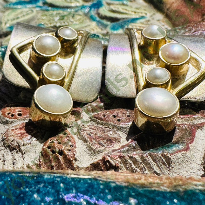 Vintage Artisan Sterling Silver Gold Plated Freshwater Pearl Pierced Earrings for Women - Elegant Dangle Drop Earrings for Wedding, Party & Special Occasions