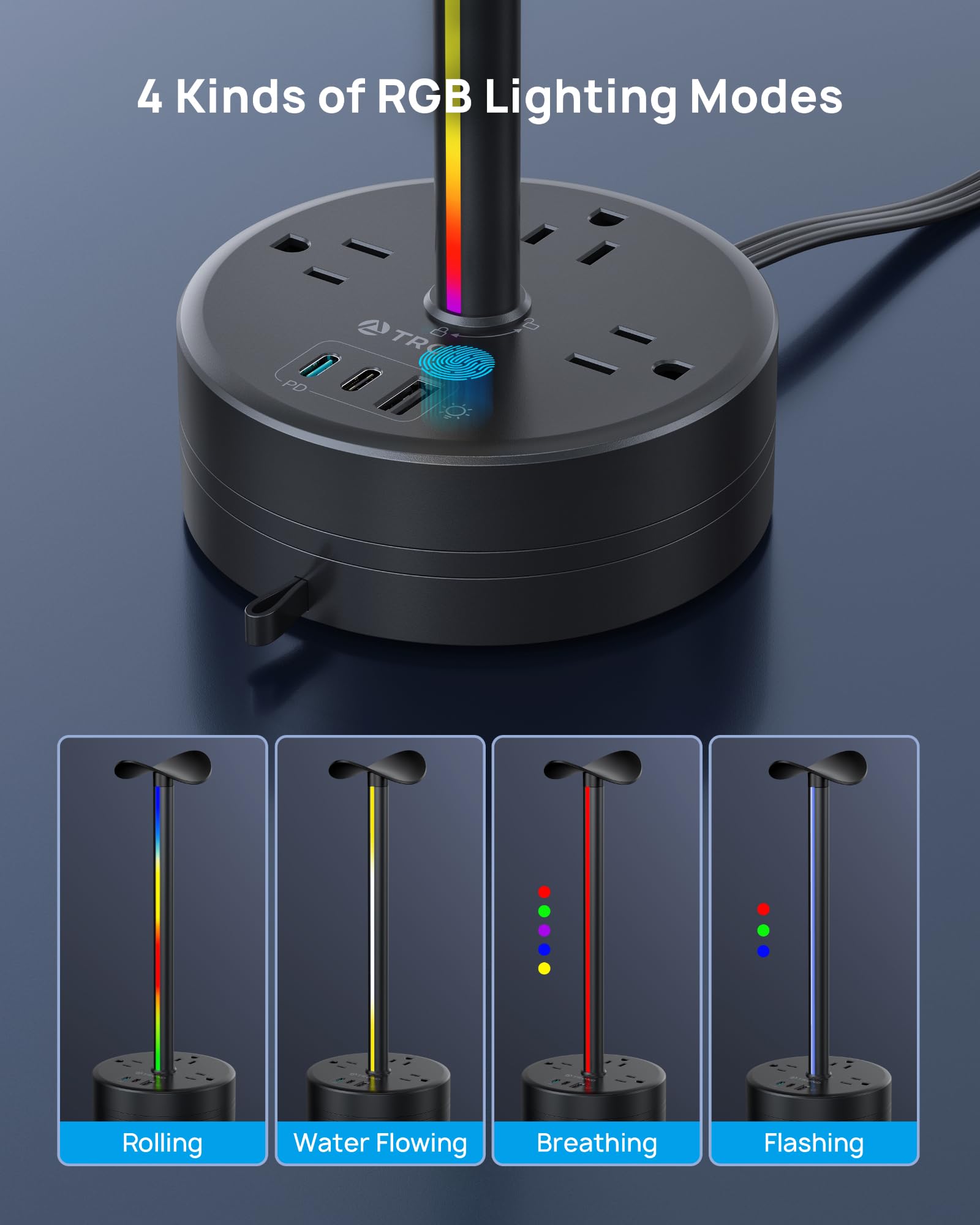 TROND RGB Gaming Headphone Stand with 20W PD USB-C Charger - 3 AC Outlets, 2 USB-C & 1 USB-A Ports, 5ft Retractable Extension Cord with Flat Plug - Desk Organizer for Computer Accessories, Gaming Setup & Home Office (Black) - Perfect for Gamers, Streamers & Remote Workers