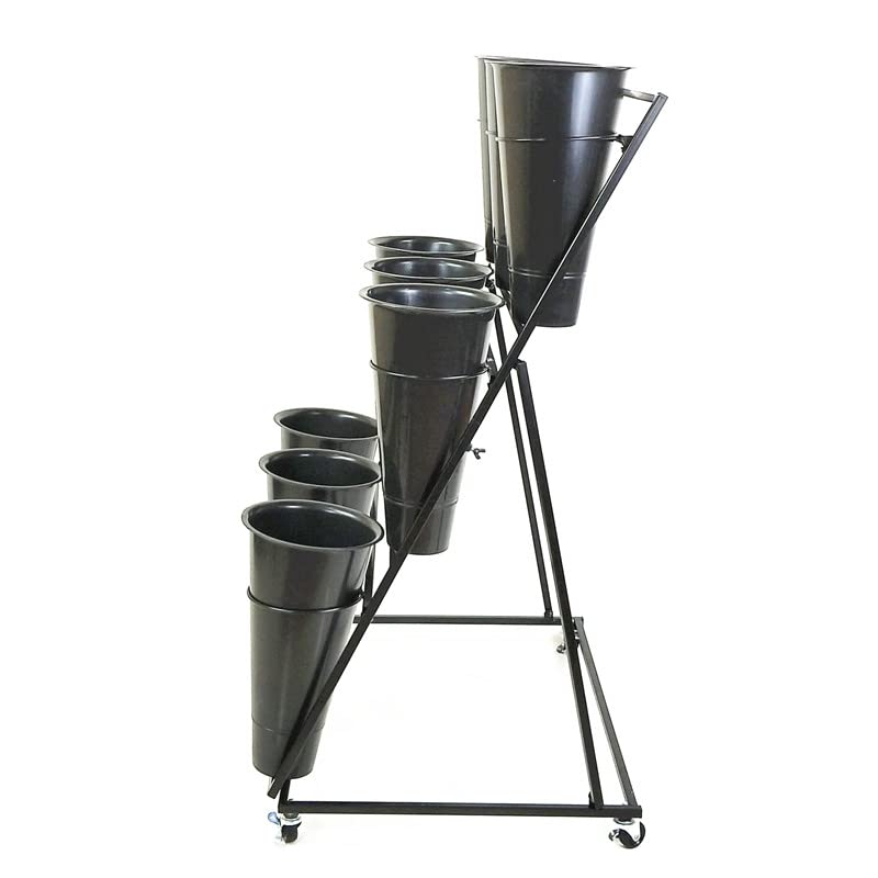 3-Tier Metal Flower Display Stand with 12 Plastic Buckets & 4 Universal Wheels - Black Rolling Florist Cart for Bouquet Arrangement | Perfect for Flower Shops, Wedding Decor & Event Displays