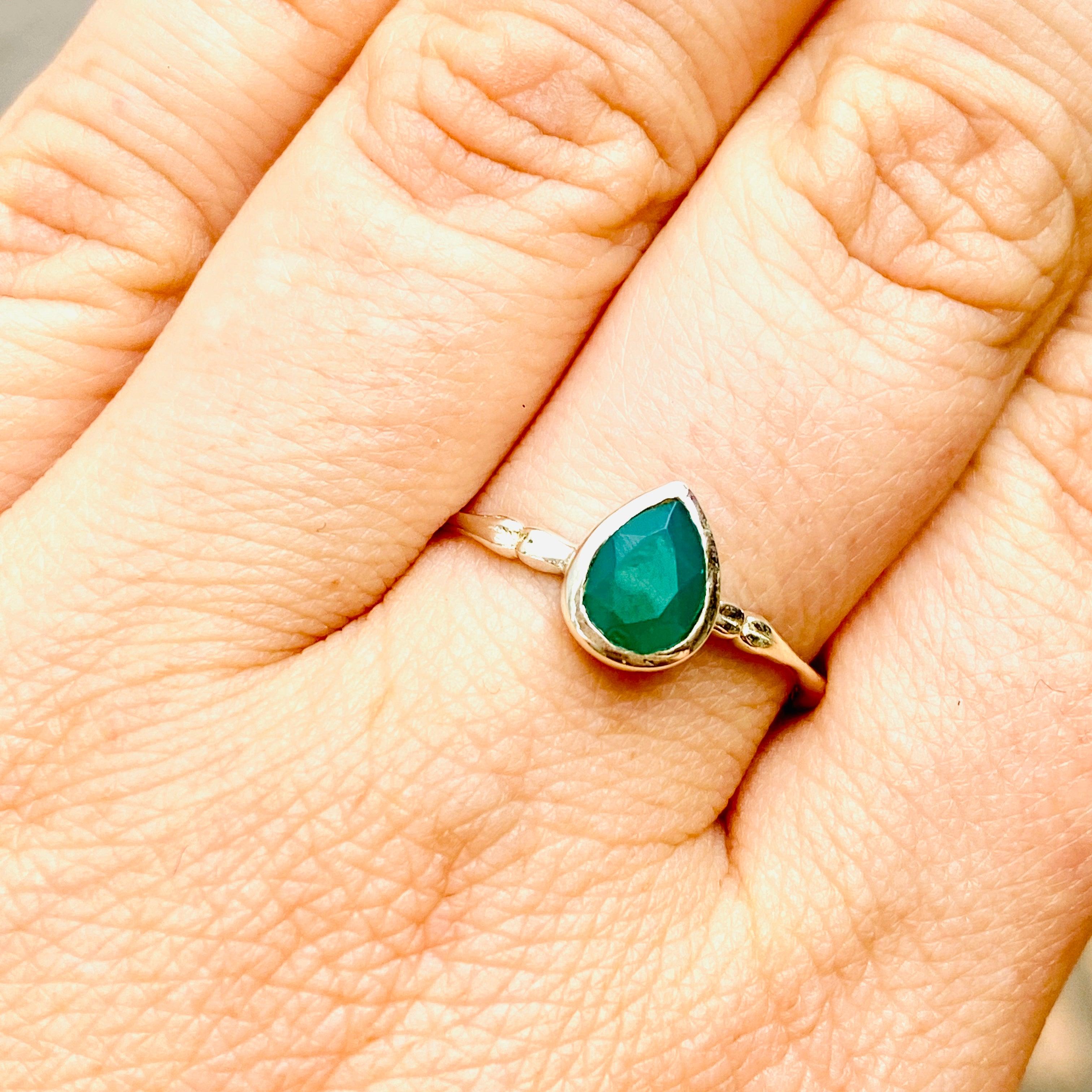 Green Chalcedony Faceted Teardrop Fine Band Ring R3691 GR - Elegant Jewelry for Women, Wedding, Party & Special Occasions