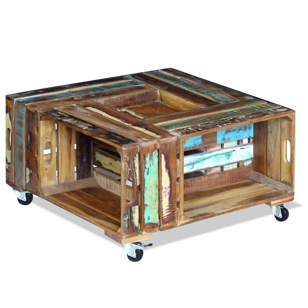 Vintage Wooden Coffee Table with 4 Wheels - Handmade Solid Wood Living Room Table, 27.6