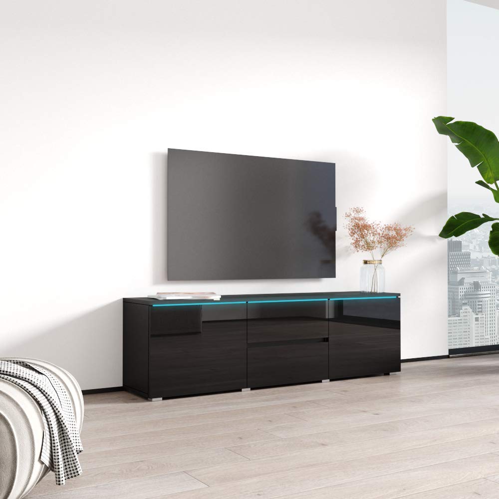 Modern Black Rectangular TV Stand with Storage Cabinets & LED Lights - Freestanding Media Console for TVs Up to 63