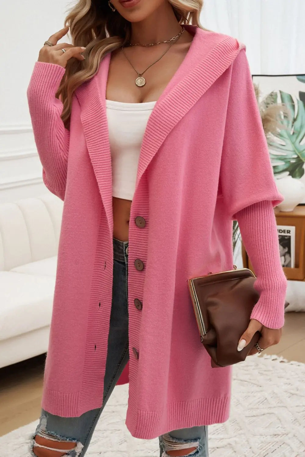 Women's Button Up Long Sleeve Hooded Cardigan Sweater - Cozy Fall & Winter Layering Piece for Casual Outfits and Office Wear