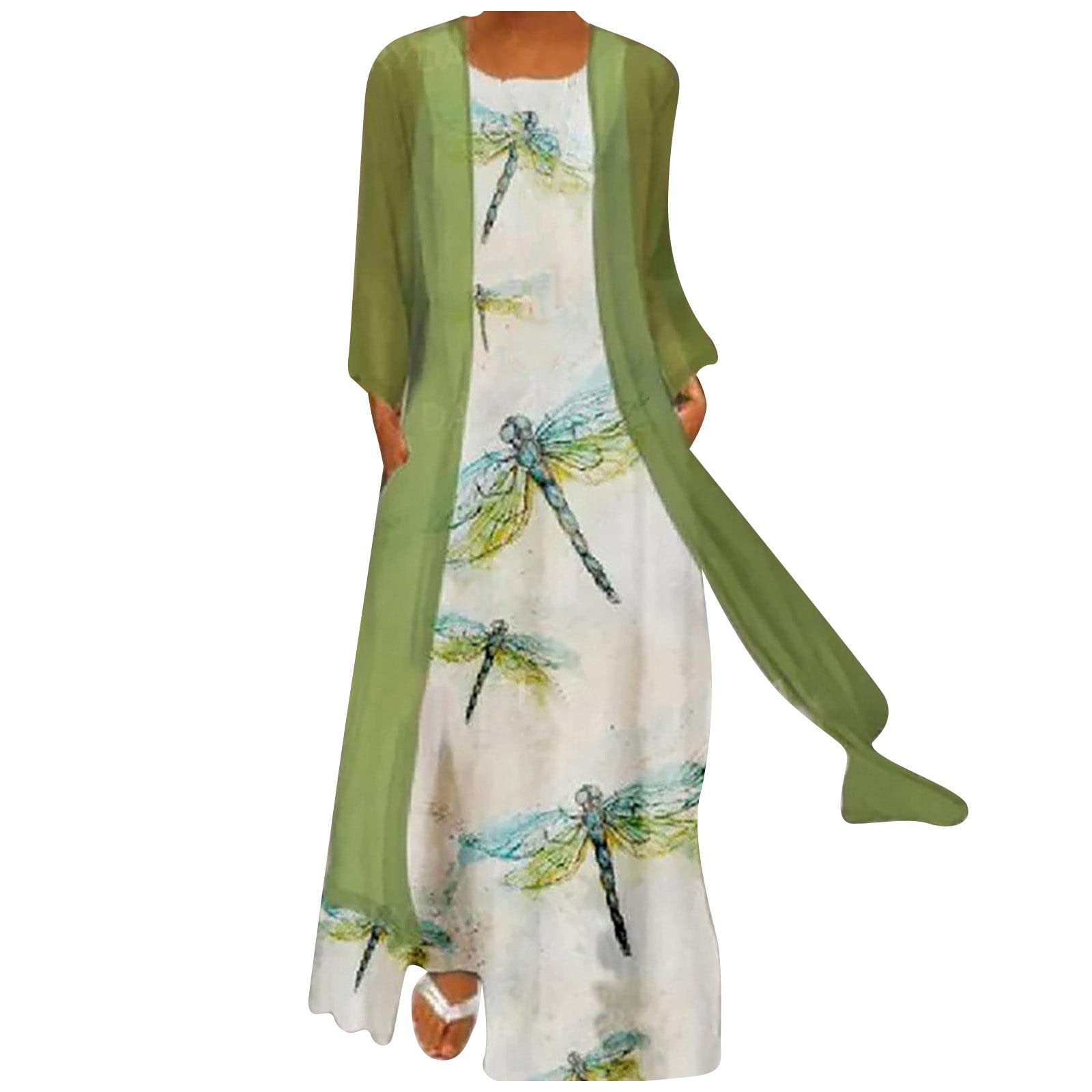 Plus Size Floral Print Chiffon Two-Piece Dress Set for Women - Flowy Summer Sleeveless Crewneck Outfit for Wedding Guest, Beach Vacation & Special Occasions