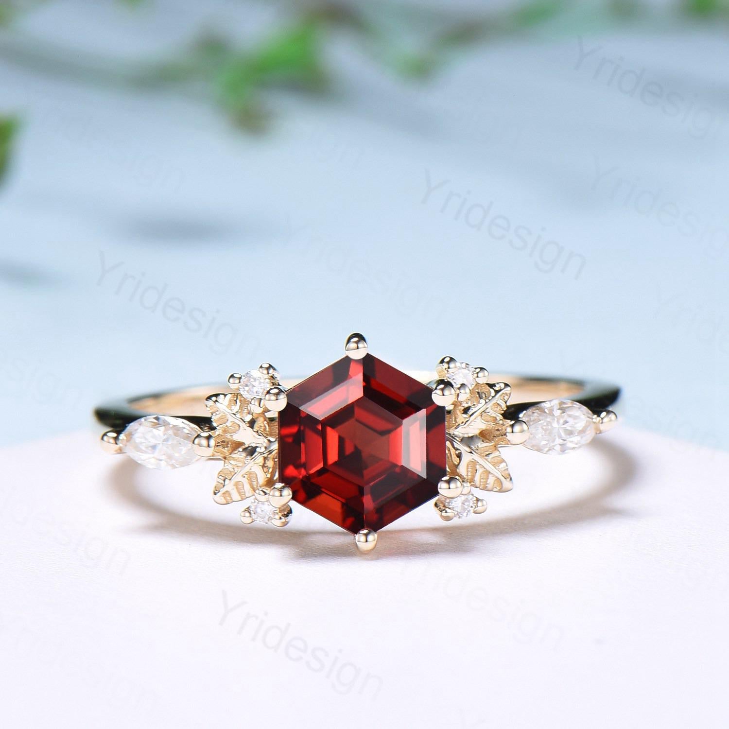 14K Yellow Gold Hexagon Garnet Engagement Ring Set - Nature Inspired Leaf Vine Wedding Band - January Birthstone Jewelry for Women - Perfect for Proposals, Anniversaries & Special Occasions