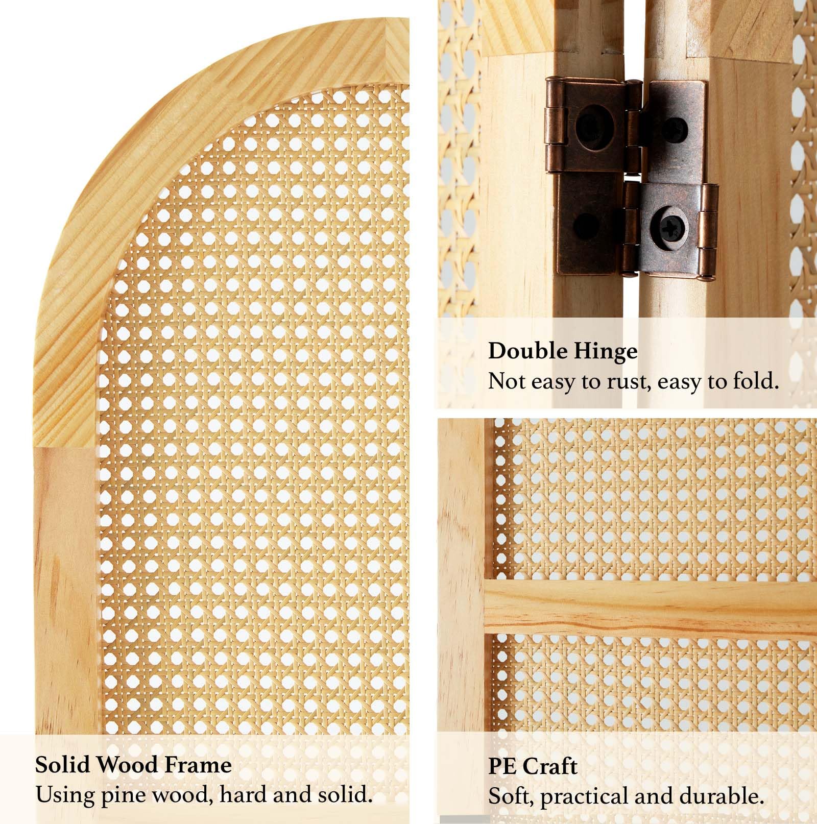 5.6 Ft Pine Wood Room Divider with Double Hinged Rattan Panels - Freestanding Folding Privacy Screen for Home Office, Bedroom & Living Room (3-Panel, Natural) - Perfect for Space Separation & Home Decor