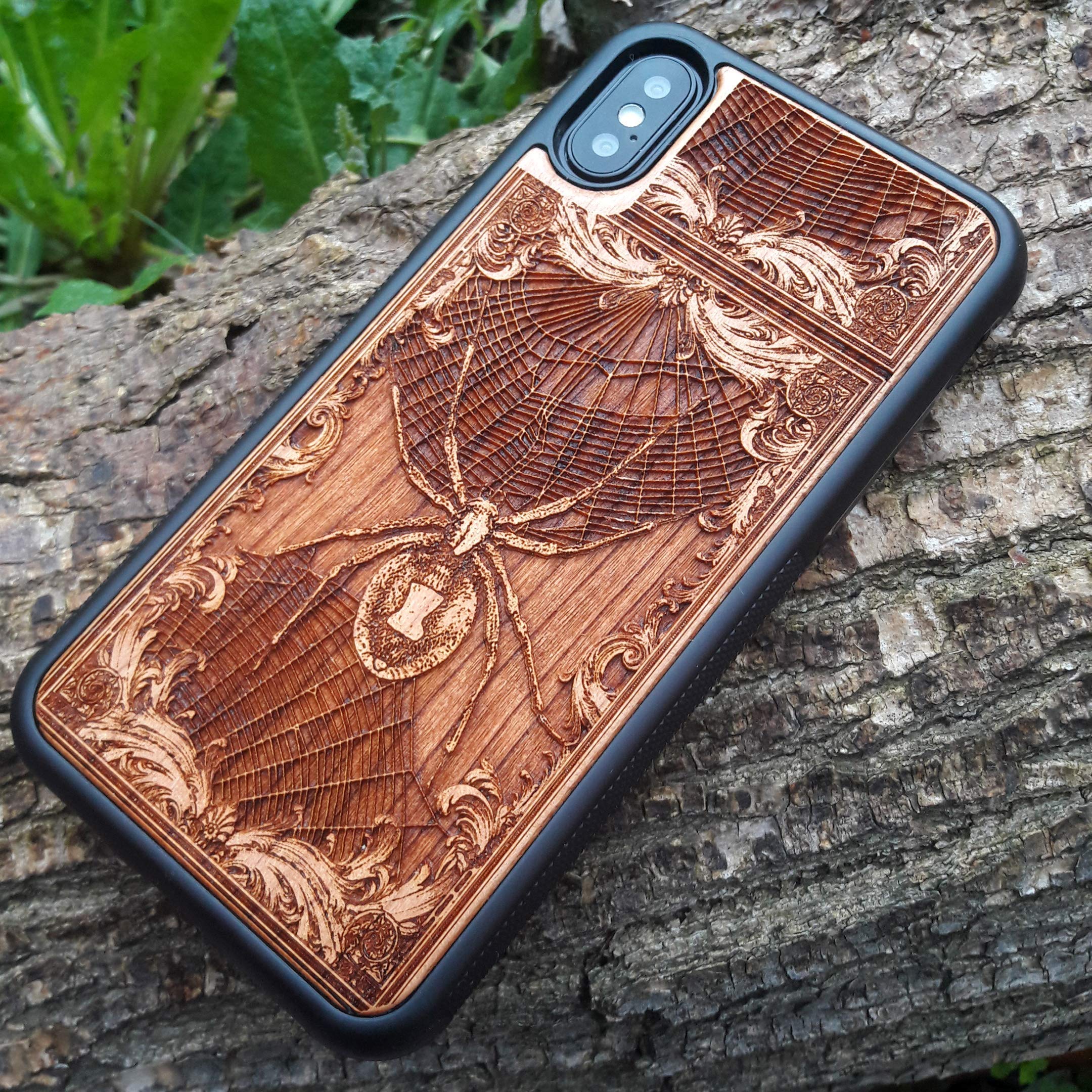Black Widow Spider Laser Engraved Wooden Phone Case for iPhone 16/15/14/13/12/11 Pro Max Mini & Galaxy S25/S24/S23/S22/S21/S20 Ultra Plus - Eco-Friendly Slim Durable Wood Cover - Perfect for Nature Lovers & Marvel Fans