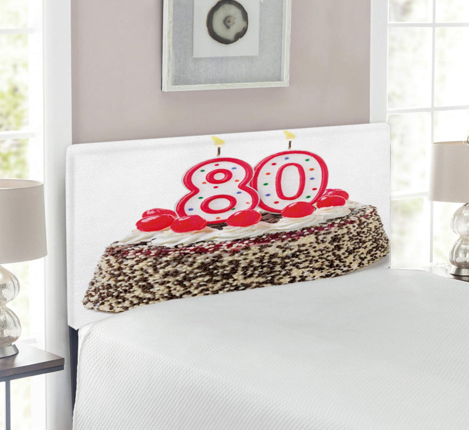 Ambesonne 80th Birthday Upholstered Headboard - Twin Size Decorative Metal Bed Frame with Memory Foam, Party Cake & Candles Design - Perfect for Birthday Themed Bedrooms, Guest Rooms & Celebration Decor