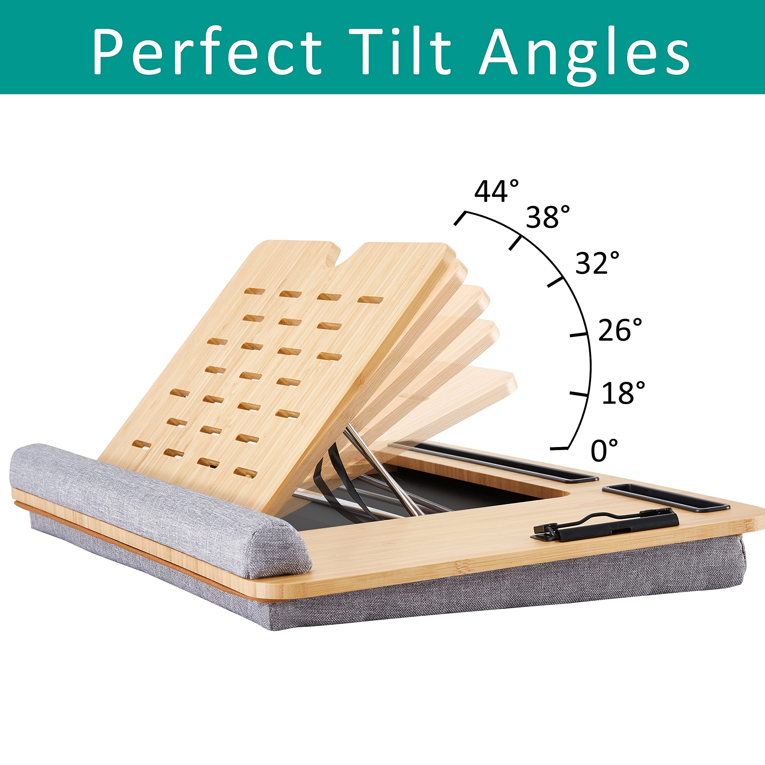 Adjustable Bamboo Laptop Lap Desk with Cushion & Wrist Pad - Portable Bed Tray Stand for Laptop, Notebook, Tablet - Features Clip & Media Slots (Natural Bamboo/Grey) - Perfect for Working in Bed, Couch, or Traveling