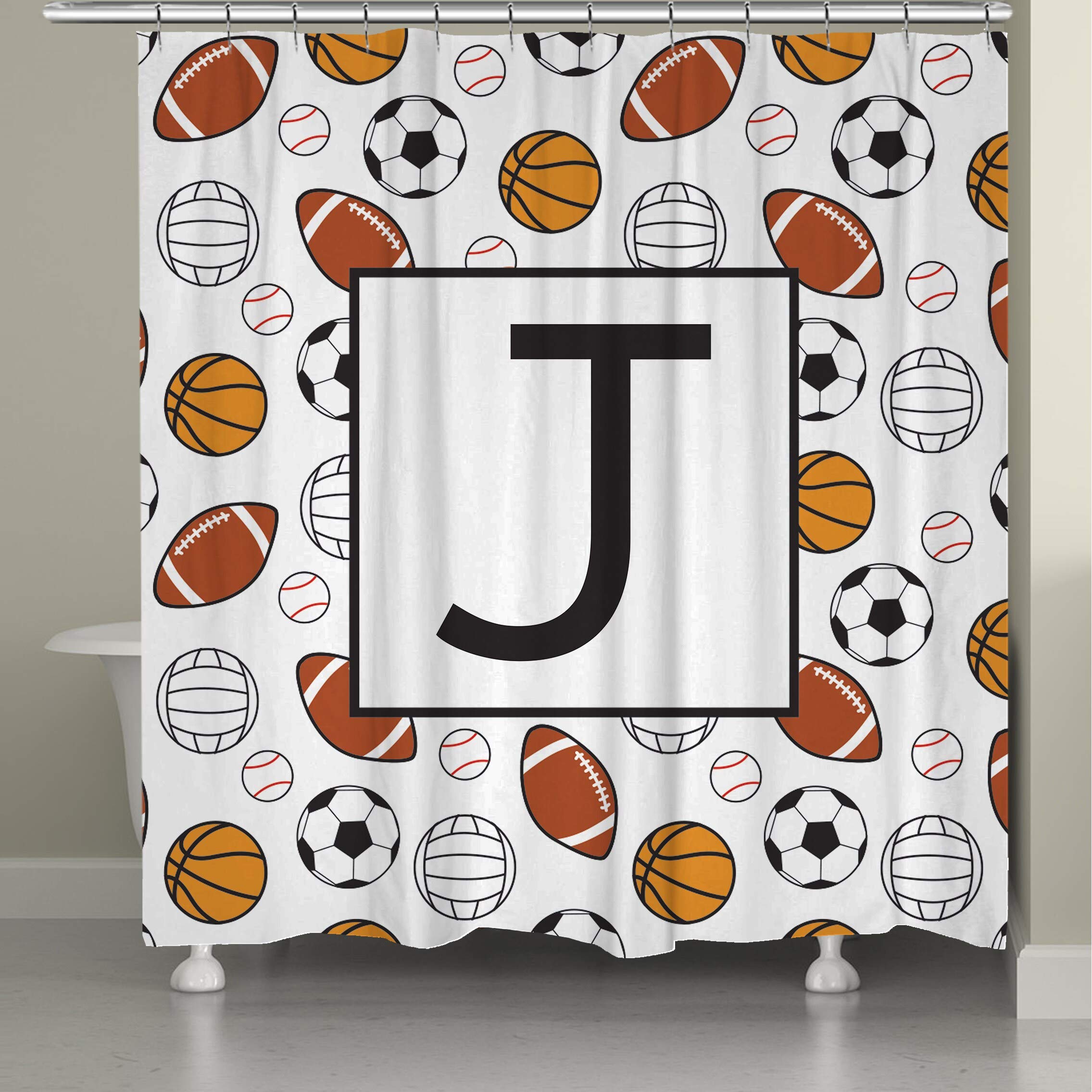 Laural Home Sports Monogram Shower Curtain - Waterproof Polyester Fabric Bathroom Decor for Boys, Girls, Teens - Perfect for Dorm, Bathroom, and Kids Room Decoration