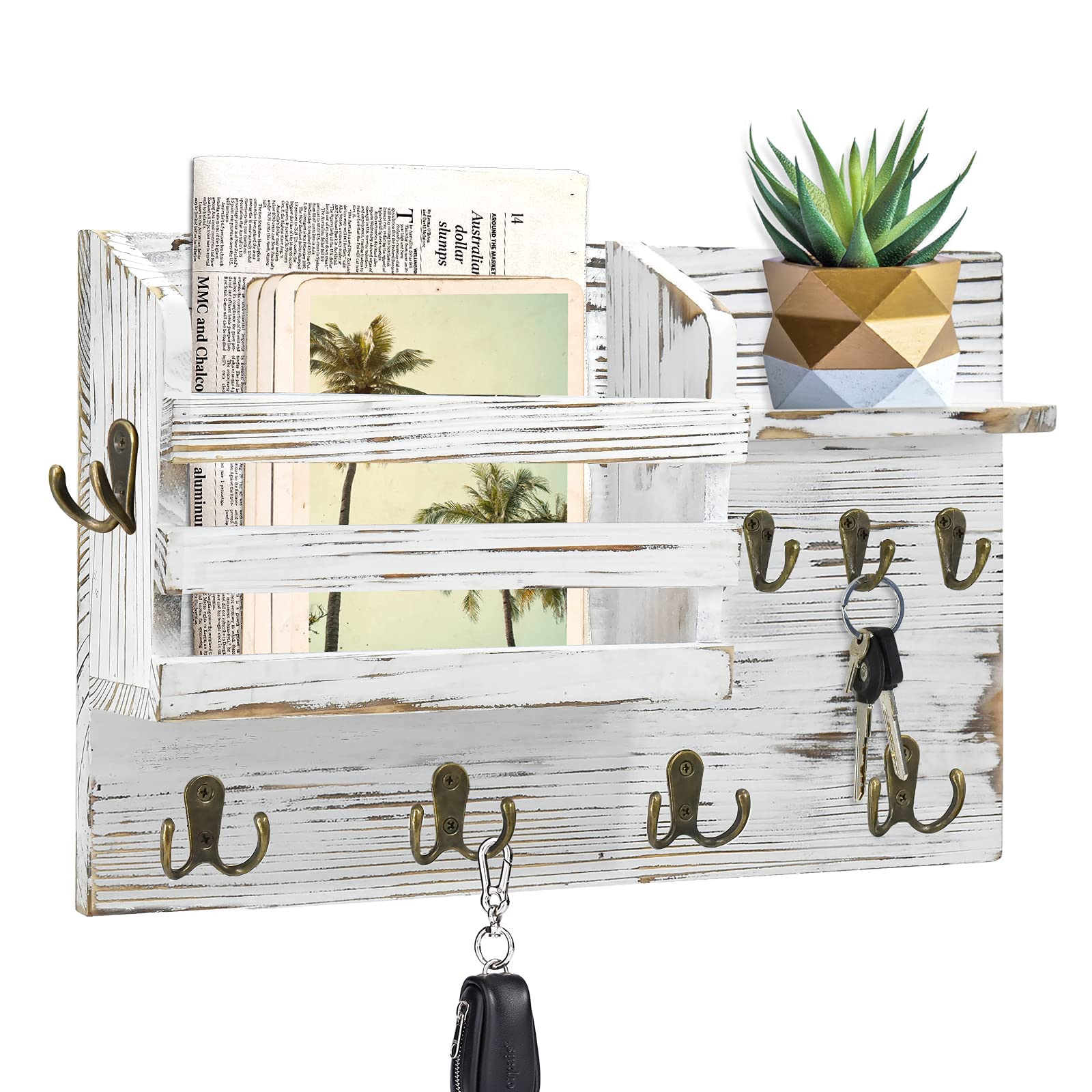 Rustic Wood Wall Mounted Mail and Key Holder with Hooks - Entryway Organizer for Mail, Keys & Small Items | Perfect for Home, Office & Apartment Entry Storage