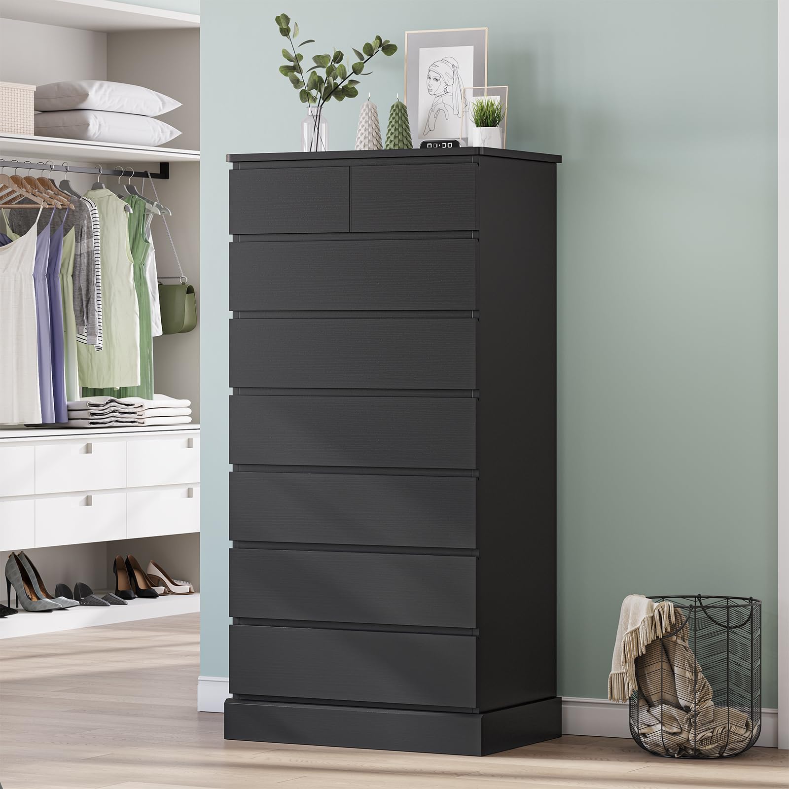 Modern Black Tall Dresser for Bedroom - 8-Drawer Wooden Storage Cabinet & Closet Organizer (59.6