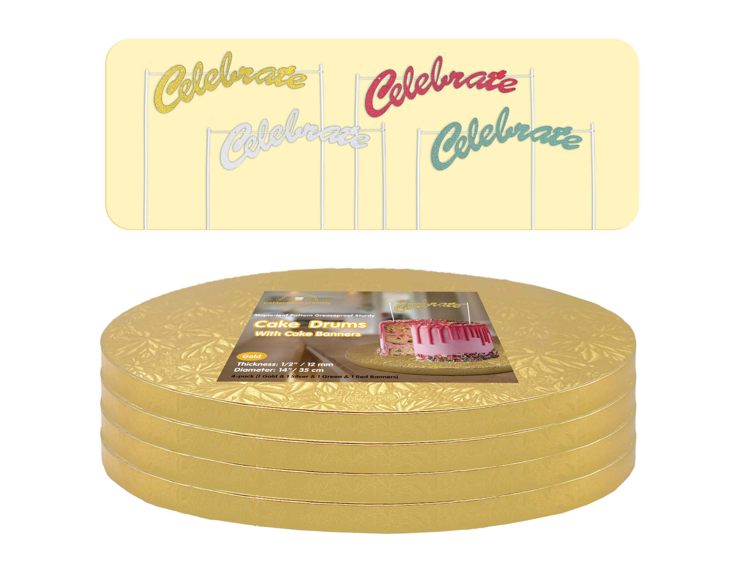 14 Inch Gold Cake Drums - 4-Pack Round Cake Boards (1/2 Inch Thick) with Banner Topper | Sturdy & Greaseproof for Birthday, Wedding & Multi-Tiered Cakes | Perfect for Professional Baking, Cake Decorating & Special Occasions by GoldenBakeryFamily