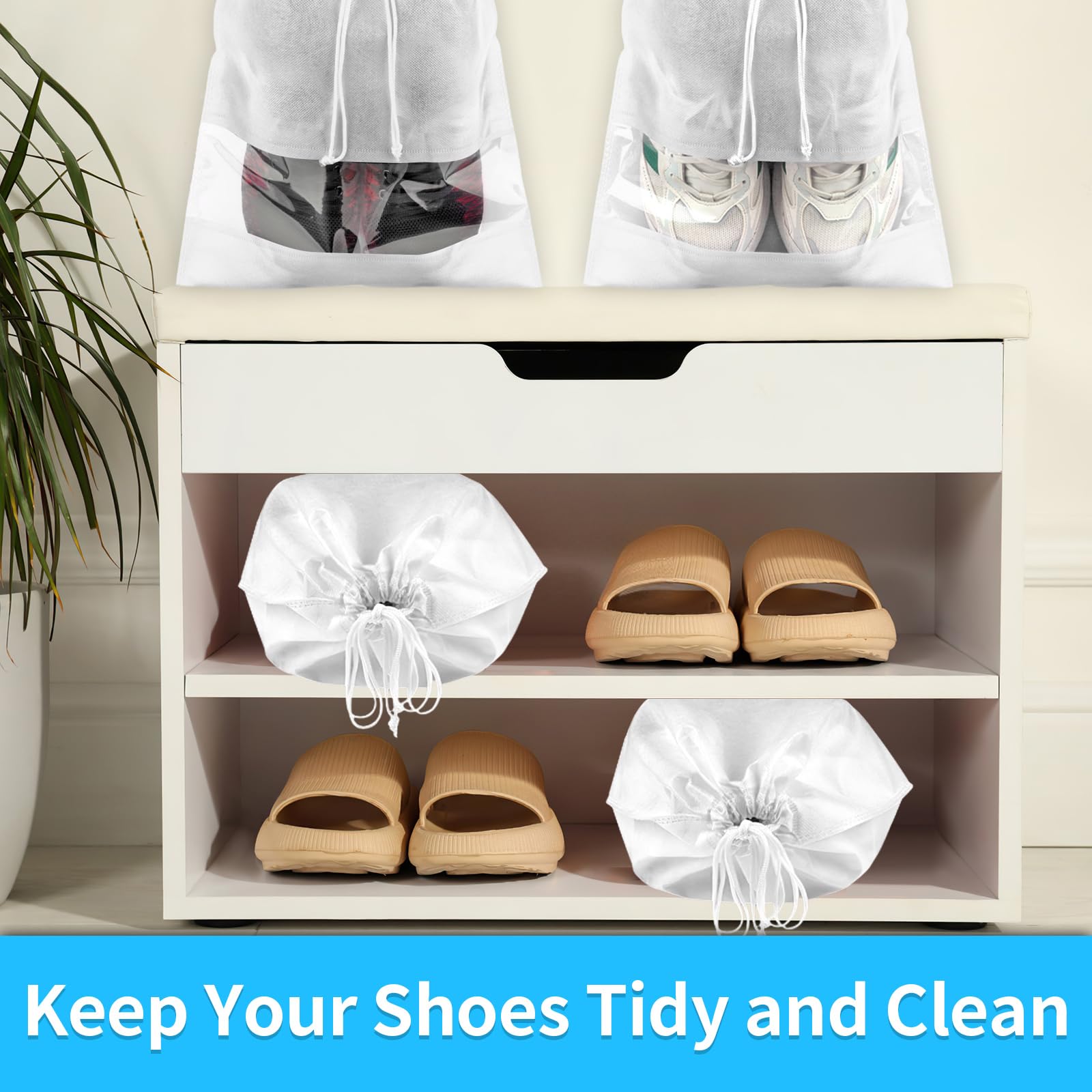 12 Pack Large Clear Window Shoe Bags for Travel - Dustproof Drawstring Shoe Storage Organizers for Men & Women (White) - Perfect for Packing Shoes, Gym Bags & Suitcase Organization