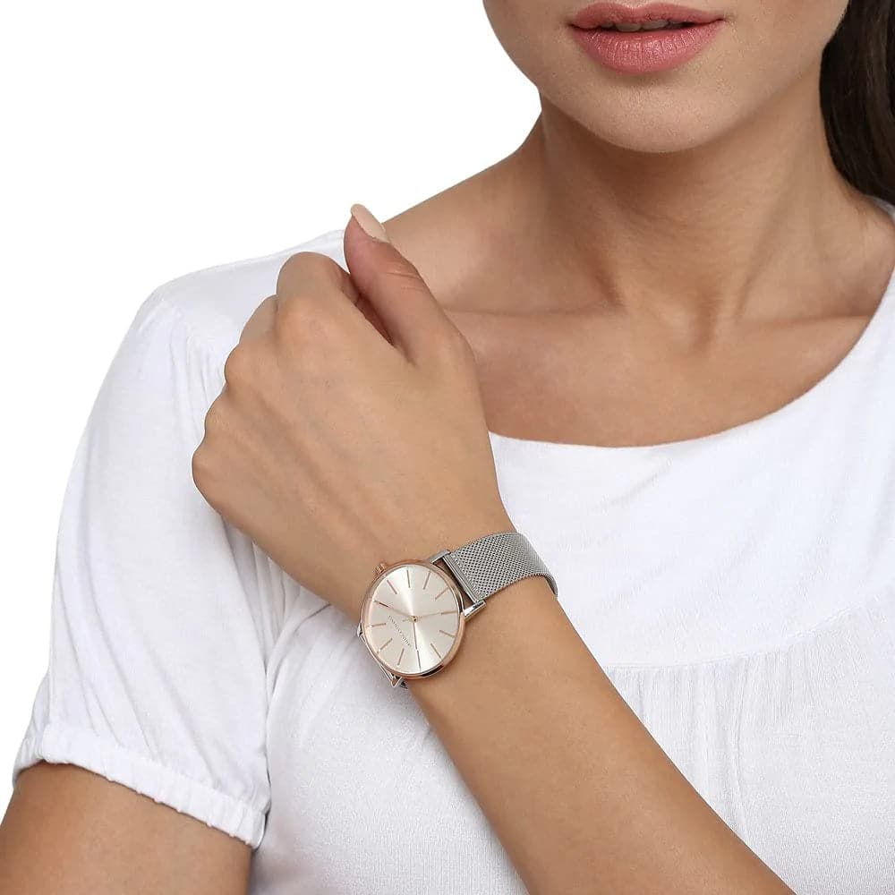ARMANI EXCHANGE AX5537 Women's Gold Stainless Steel Watch with Silver Mesh Strap - Elegant Fashion Accessory for Work, Party & Everyday Wear