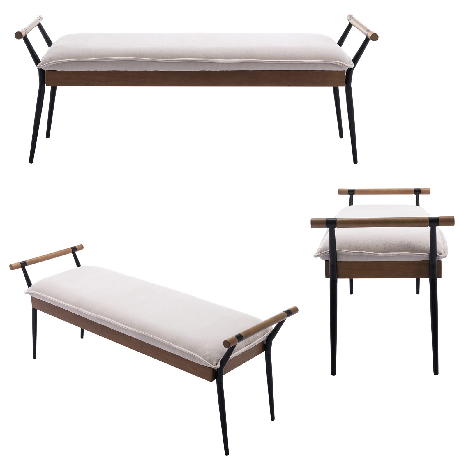 Modern Rectangle Ottoman Bench with Arms & Metal Legs - Mid Century Chenille Fabric Footstool for Dining Room, Bedroom & Living Room - Entryway Shoe Bench & Coffee Table Ottoman - White