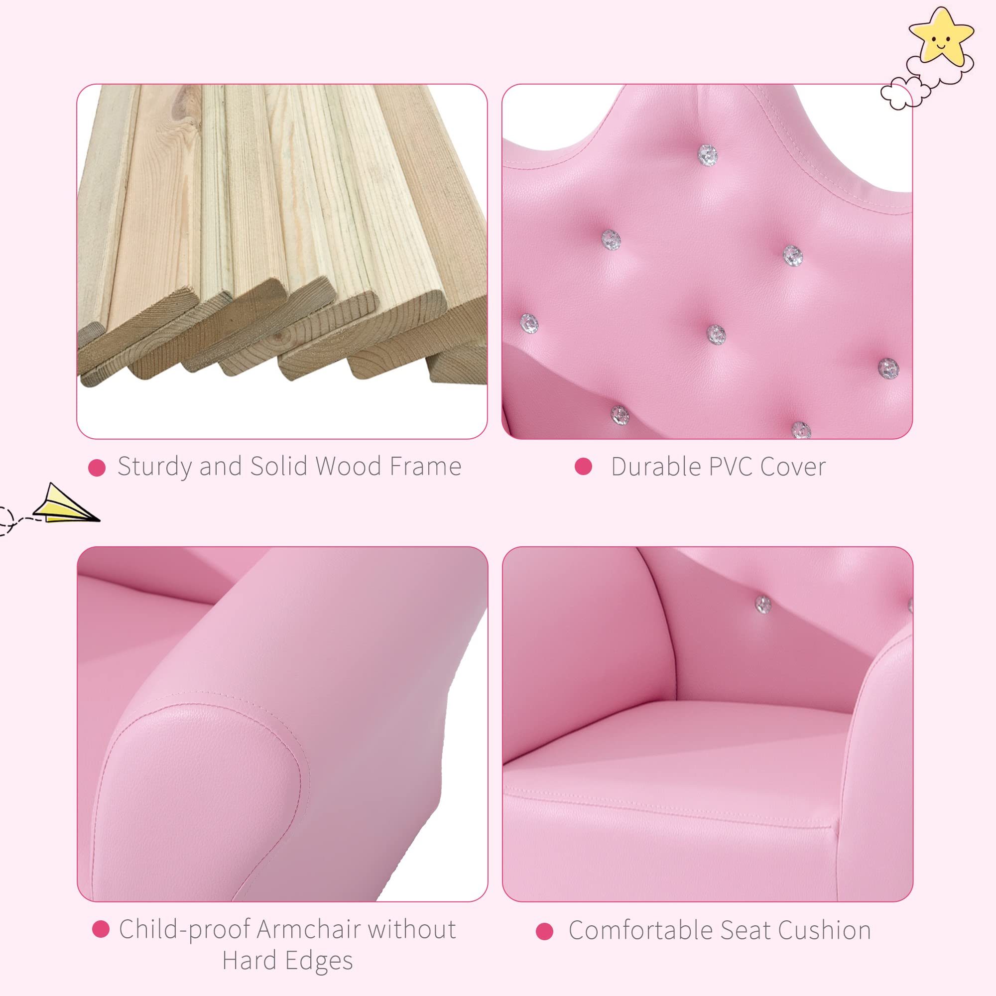Qaba Kids Sofa Set - Pink Upholstered Princess Sofa with Footstool & Diamond Decorations, Toddler Chair for Girls & Boys, Perfect for Playroom, Bedroom & Nursery Decor