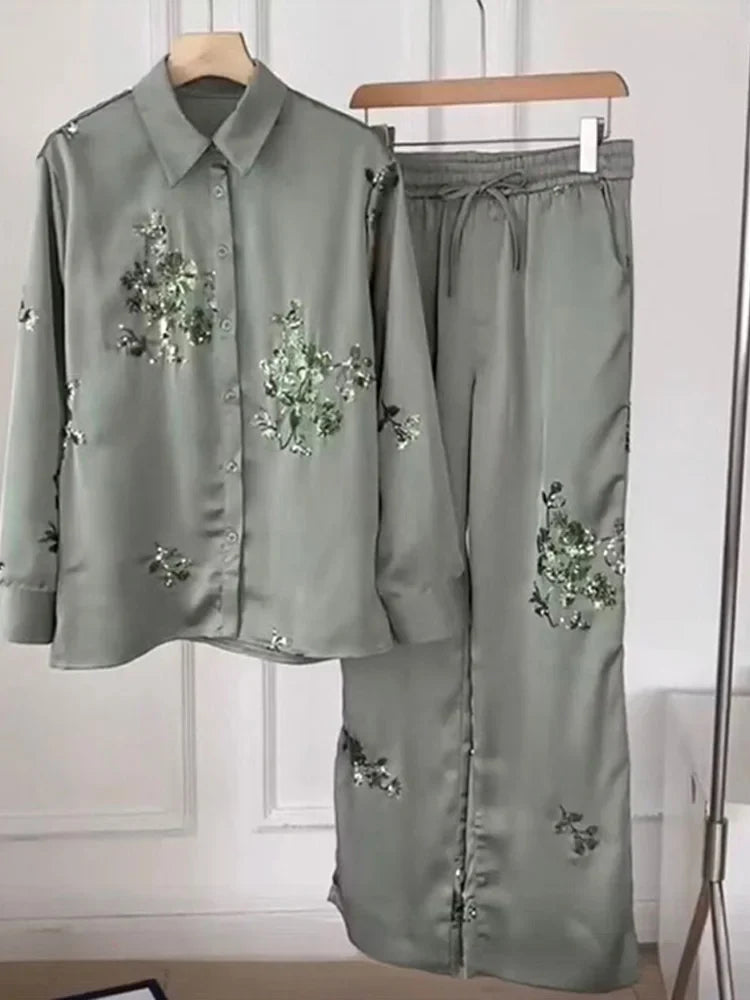Women's 2-Piece Sequin Shirt & Wide Leg Pants Set - Fashion Print Loose Lapel Long Sleeve Top Elegant Outfit for Party, Dinner & Special Occasions