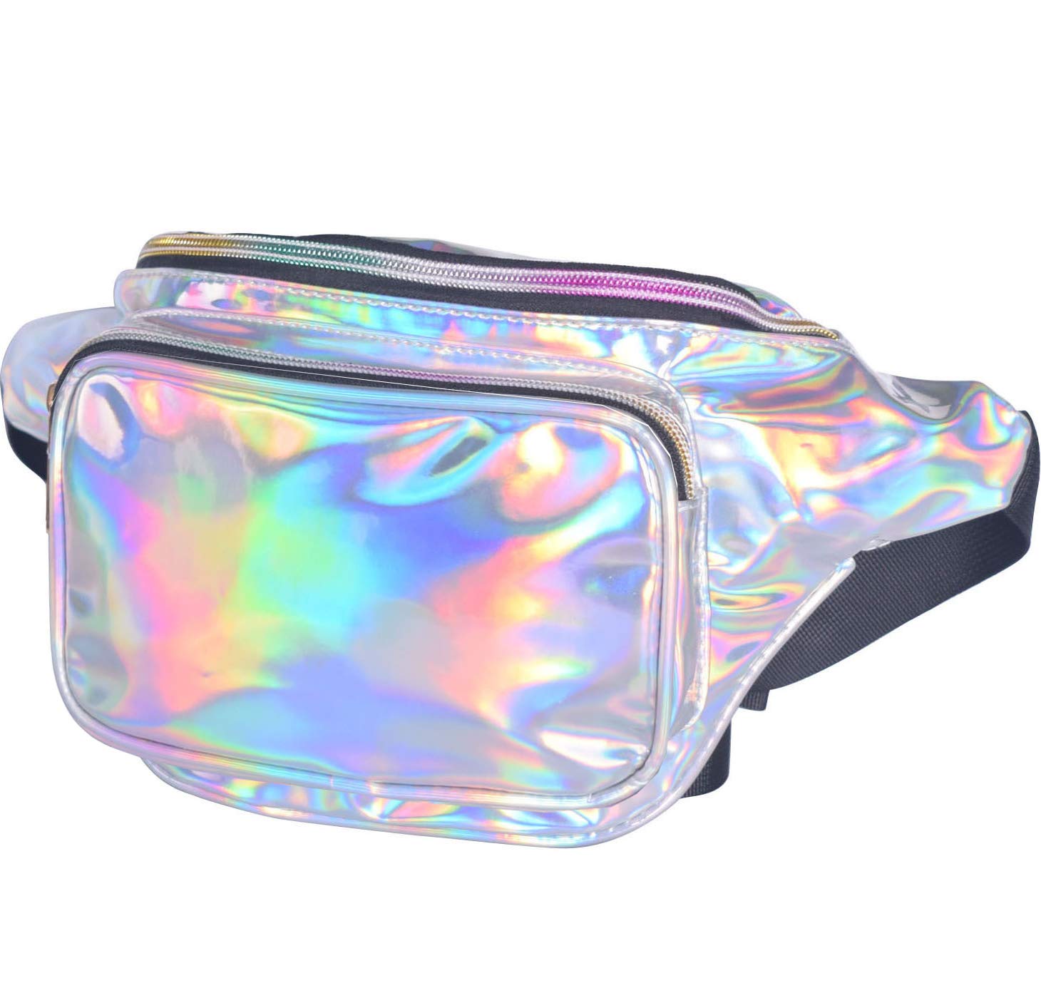 Women's Holographic Leather Fanny Pack - Stylish Waist Bag for Parties, Festivals & Concerts - Secure Money Belt Pouch with Silver Accents - Perfect for Travel, Raves & Outdoor Events