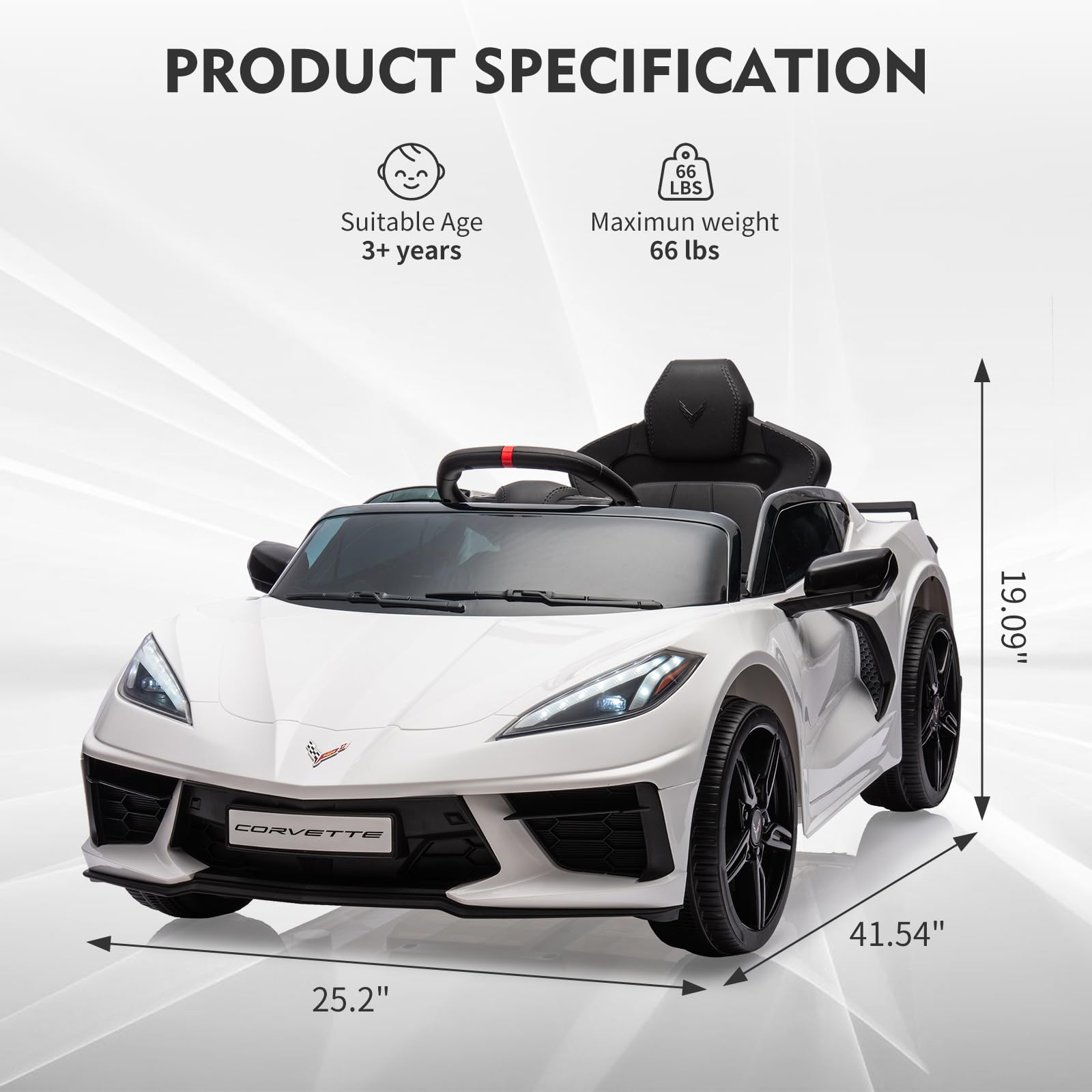 12V Kids Electric Ride-On Car - Licensed Corvette Style Battery-Powered Toy with Remote Control, LED Lights & Music - Toddler Sports Car for Boys & Girls (White) - Perfect Birthday Gift & Outdoor Play Vehicle for Ages 3-6