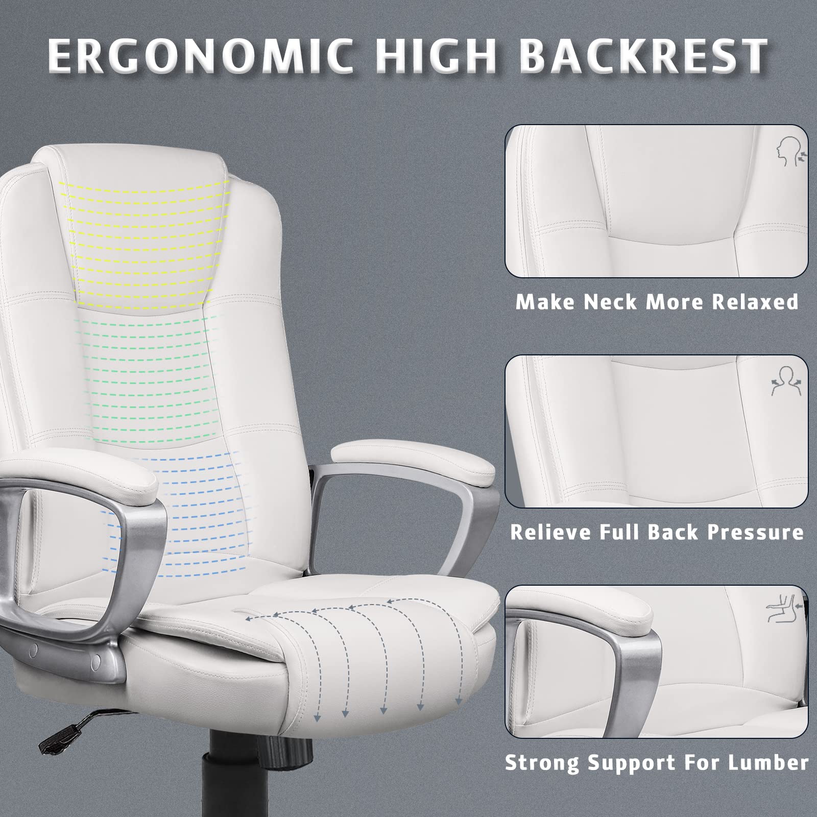 LEMBERI Ergonomic Office Desk Chair - Big & Tall Executive High Back Computer Chair with Adjustable Height, PU Leather & Cushion Support - Perfect for Long Hours Sitting in Home Office or Workspace (White)