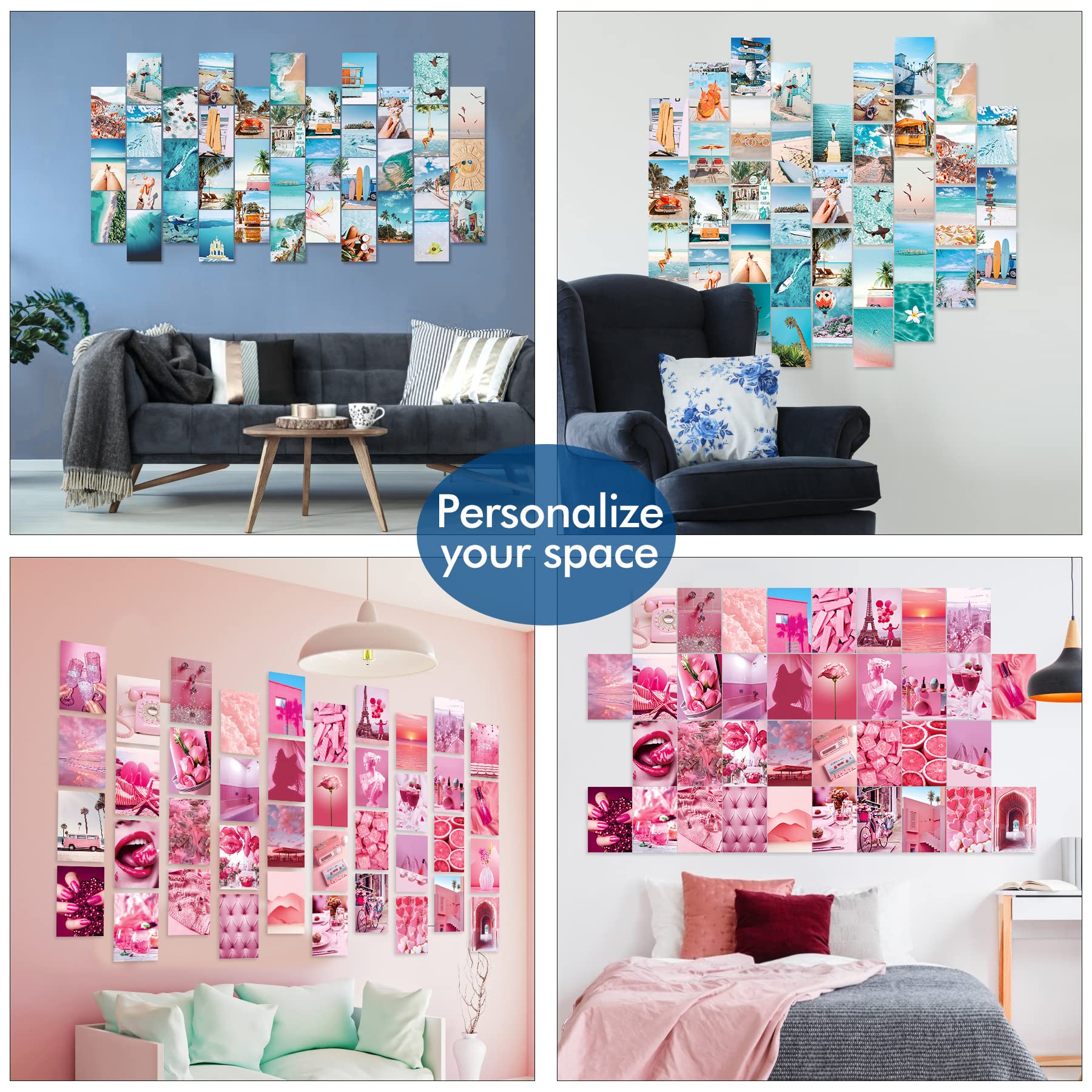 LIIGEMI 70PCS Blue Aesthetic Wall Collage Kit - Summer Beach Themed Prints for Teen Girls Room Decor | Double-Sided 4x6 Inch VSCO Style Pictures | Perfect for Bedroom, Dorm, or Gift Decorations