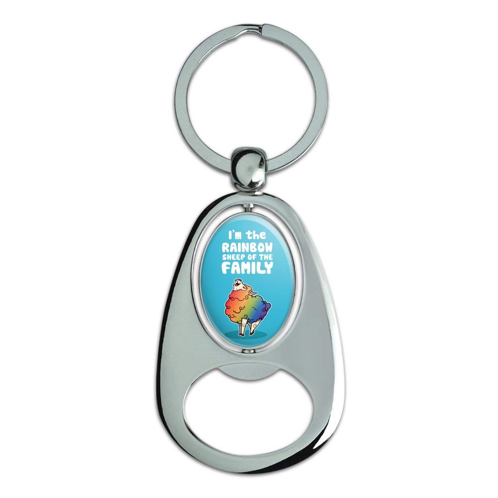 Rainbow Sheep Family Gay Pride Keychain - Chrome Metal Spinning Oval Bottle Opener for LGBTQ+ Events, Parties & Gifts