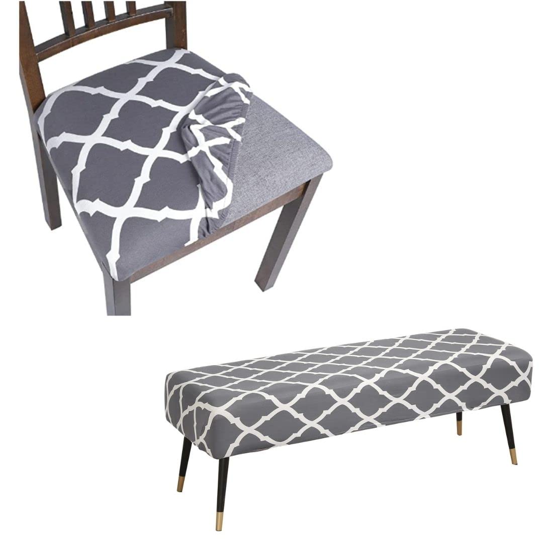 Stretch Printed Dining Room Chair Seat Covers Set of 4 - Washable Bench Slipcover, Grey Fabric Upholstery Protector for Kitchen & Dining Furniture - Perfect for Home, Restaurant, and Office Use