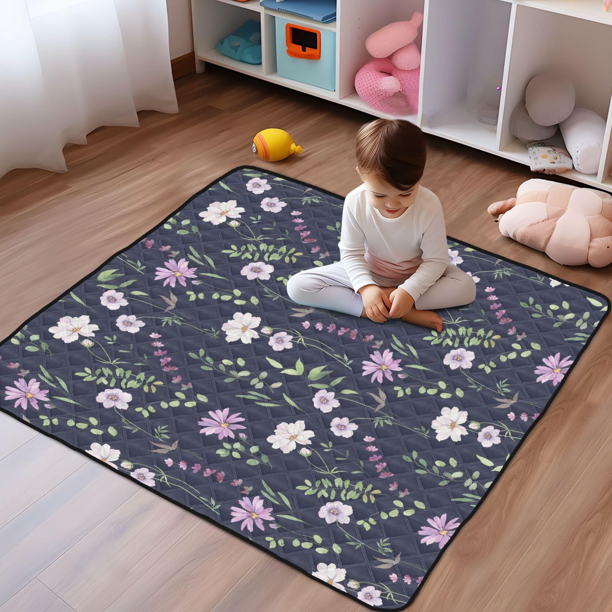 Floral Purple Baby Gym & Activity Mat with Green Leaves - Large 50