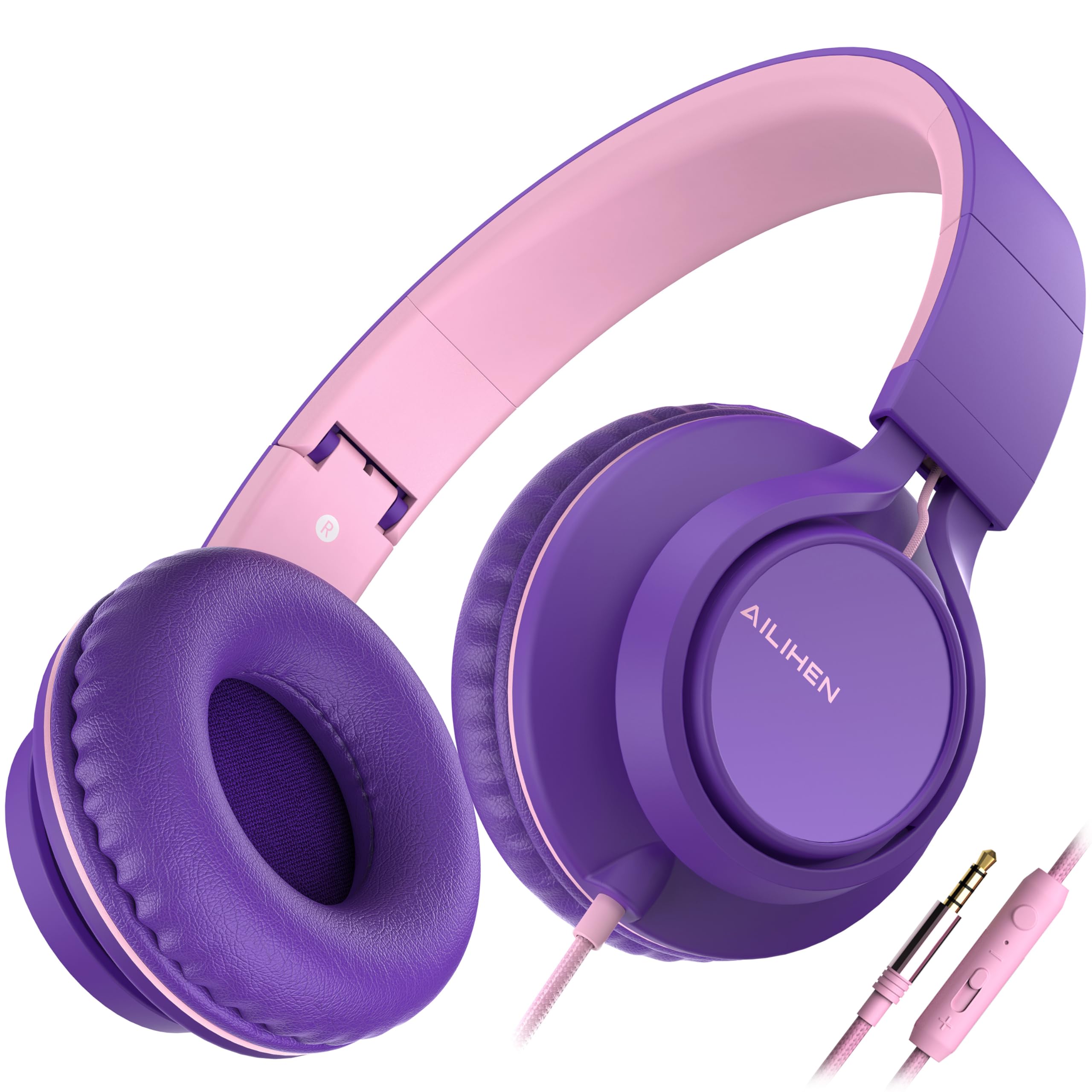 AILIHEN C8 Girls Headphones - Wired On-Ear Headset with Microphone, Volume Control & Foldable Design - 3.5mm Stereo Audio for School, Chromebook, Laptop, PC & Tablet - Perfect for Online Classes, Travel & Home Use (Purple Pink)