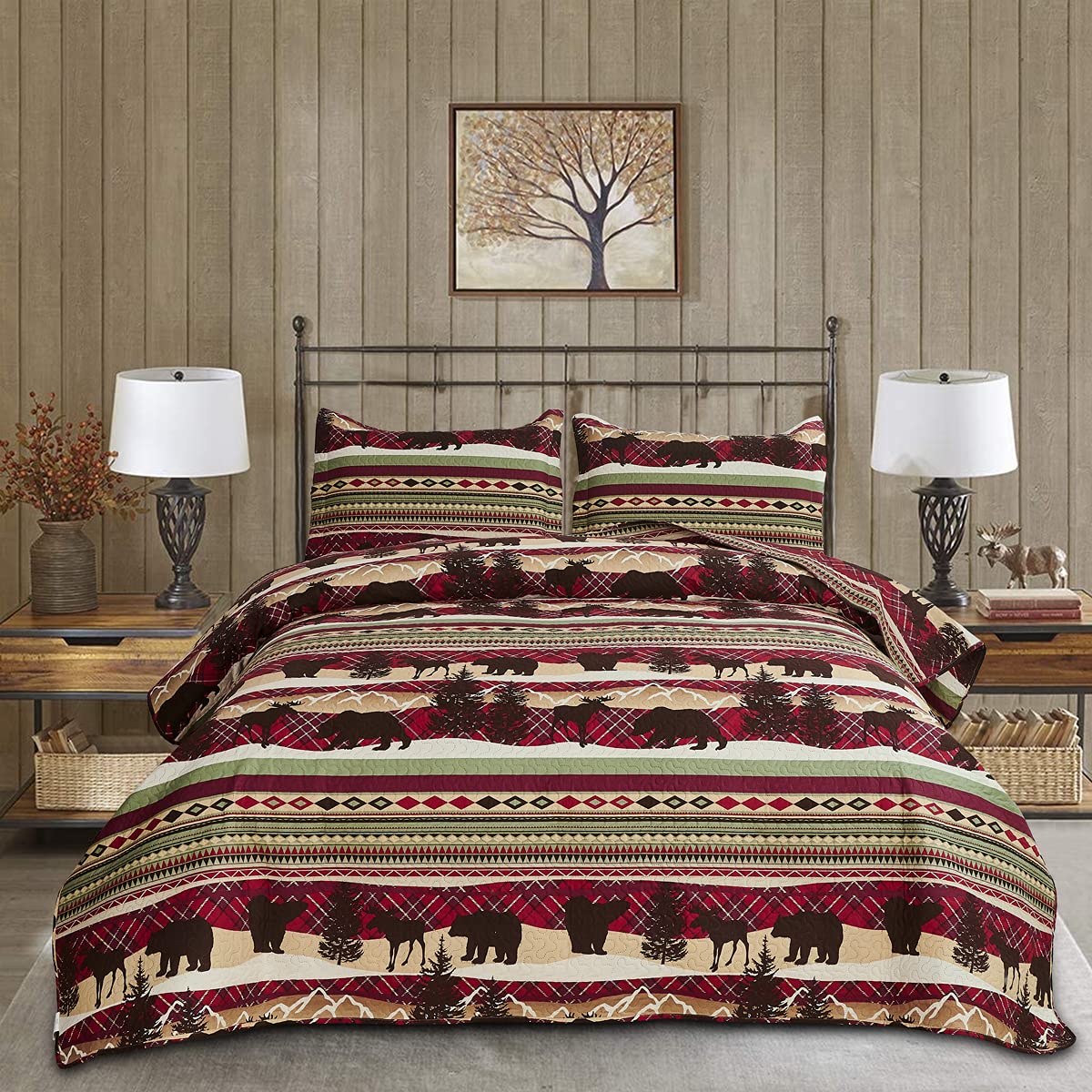 **Rustic Lodge Twin Size Quilt Set - Reversible Lightweight Bedspread Coverlet with Moose Deer Bear Forest Design, All Season Soft Bedding for Cabin, Country Home | Perfect for Cozy Bedrooms, Guest Rooms & Vacation Cabins**