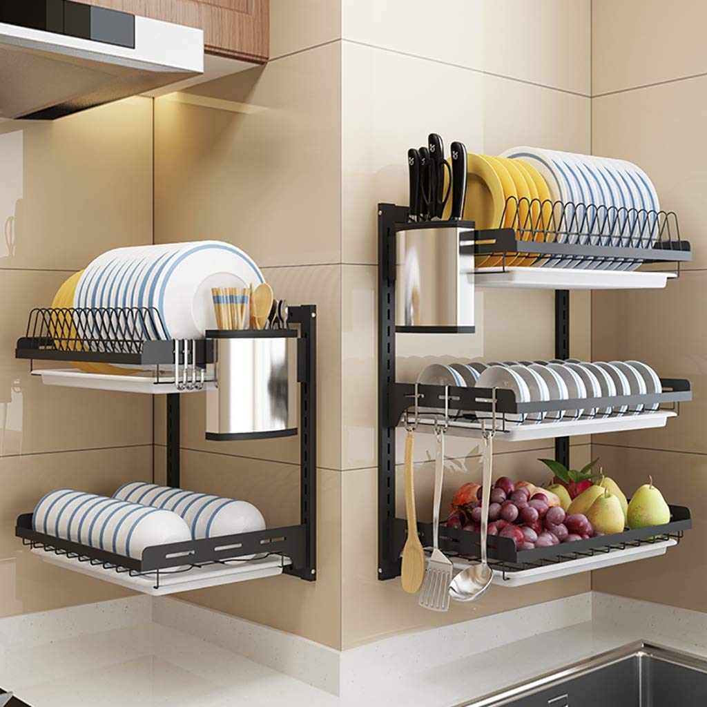 Stainless Steel Wall Mounted Dish Drainer - 2 Tier Hanging Kitchen Dish Drying Rack with Drain Board & Utensil Holder | Large Capacity Modern Design for Small Spaces & Apartments | Perfect for Countertop Organization & Drip-Free Drying