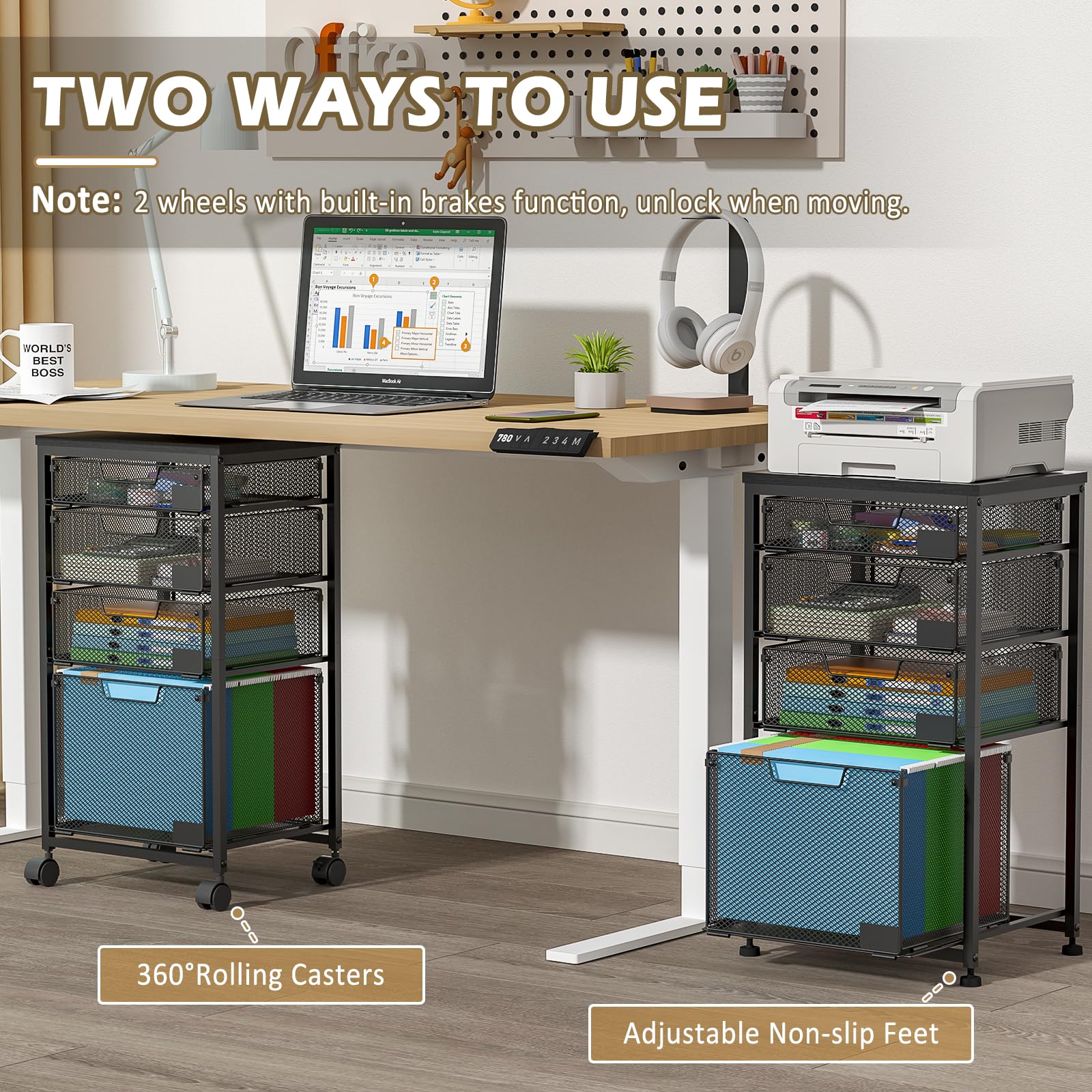 4-Drawer Rolling File Cart - Home Office Organizer with Wheels for Desks & Crafts