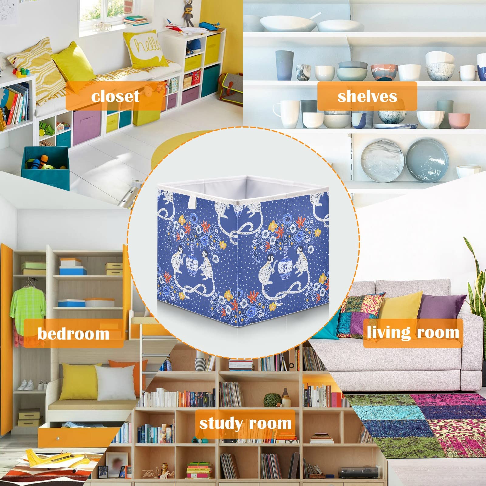 Foldable Collapsible Storage Baskets - Blue White Chinoiserie Monkey Pattern Fabric Bins for Shelves, Pantry, Bathroom & Nursery | 11 x 11 Inch Cube Organizer for Toys, Baby Clothes & Home Decor | Perfect for Space Saving & Stylish Organization