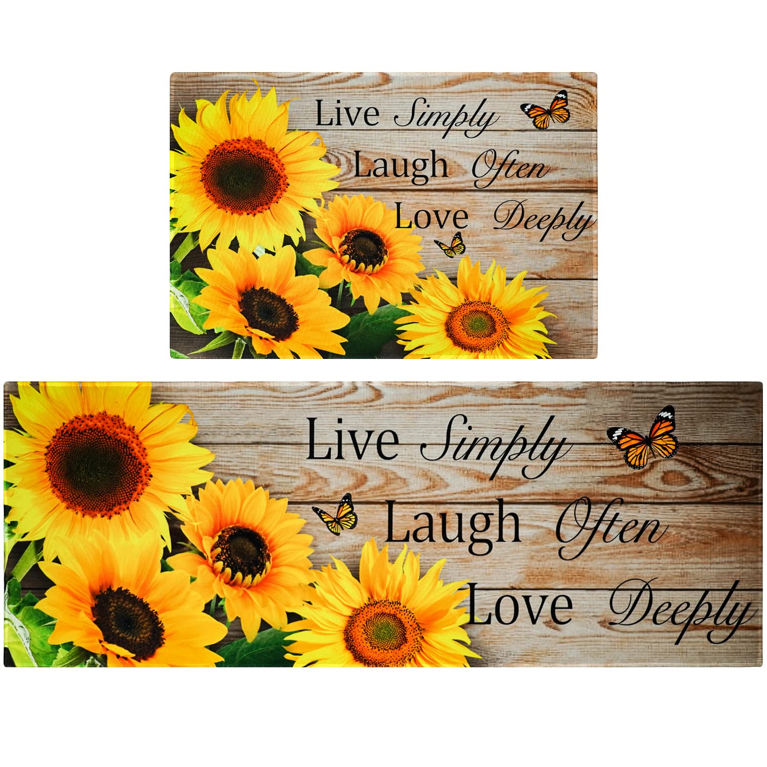 2-Pack Sunflower Kitchen Rugs - Non-Slip Washable Anti-Fatigue Mats with Wooden Background - Farmhouse Decor for Standing Comfort (17x30 + 17x47 Inches) - Perfect for Kitchens, Entryways, and Laundry Rooms