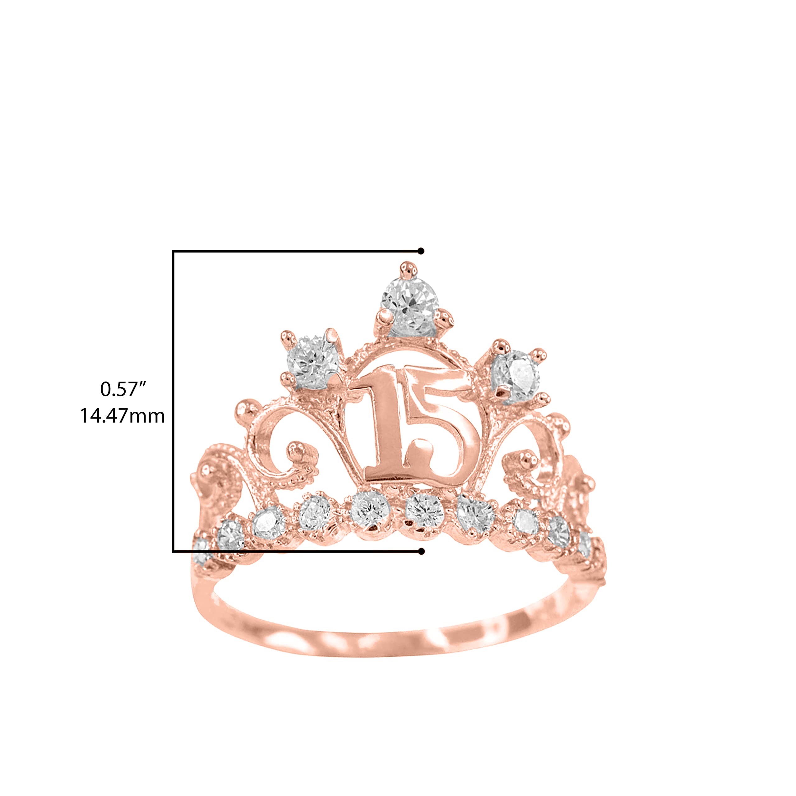 10K Rose Gold Cubic Zirconia Tiara Ring - Sweet 15 Años Quinceanera Crown Jewelry for Birthday Party, Prom, Wedding & Special Occasions