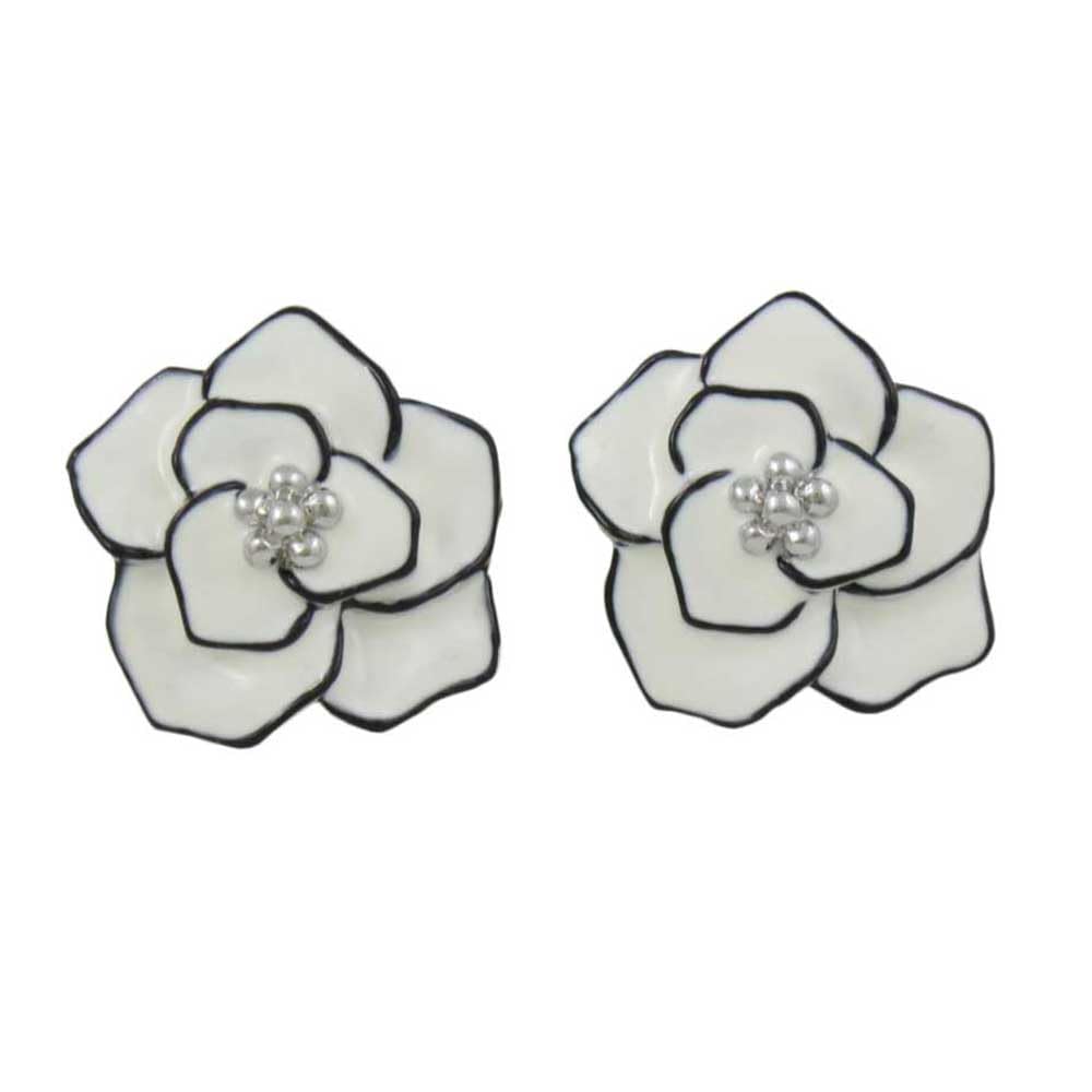 Black Outlined Cream Enamel Flower Clip-On Earrings for Women - Elegant Floral Accessories for Parties, Weddings & Everyday Wear