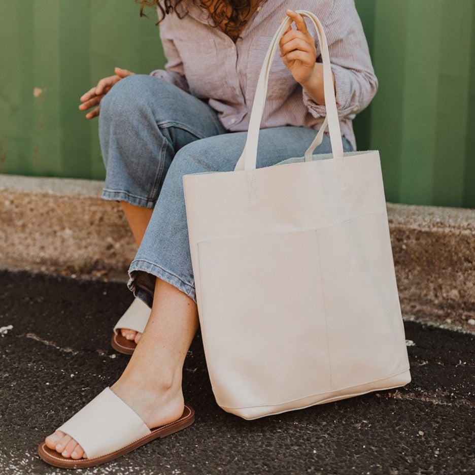 Premium Genuine Leather Tote Bag for Women - Soft Cream Color - Spacious Work & Travel Handbag - Perfect for Office, Commute & Weekend Getaways