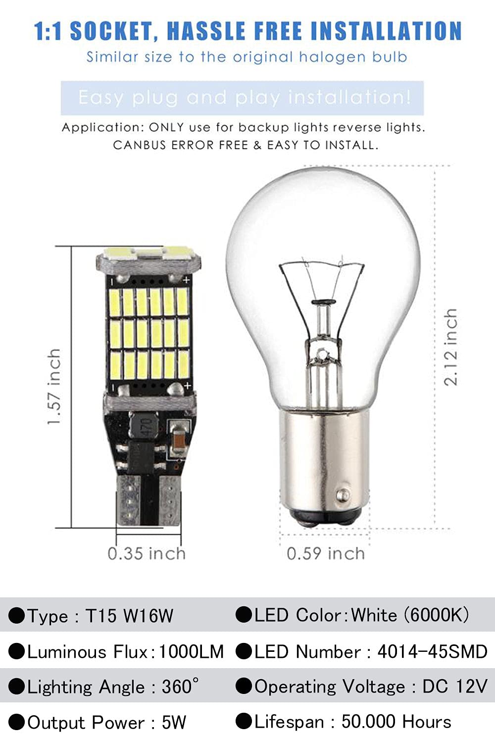 921 LED Bulbs 912 Reverse Lights - Pack of 6, 6000K Xenon White CANBUS T10 T15 906 W16W 921K 922 Backup Bulbs - Perfect for Cargo Lights, Reverse Lights, and Interior Dome Light Replacement in Cars, Trucks, SUVs