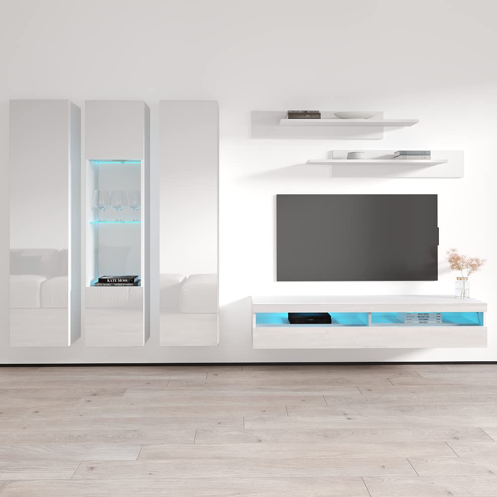 Modern White Wall-Mounted TV Stand with Storage Shelves & LED Lights - 35