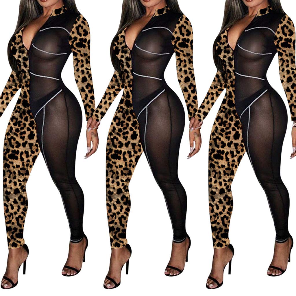 Sexy Sheer Mesh Leopard Print Bodycon Jumpsuit for Women - Deep V Neck One Piece Clubwear Romper | Perfect for Nightclubs, Parties, and Date Nights