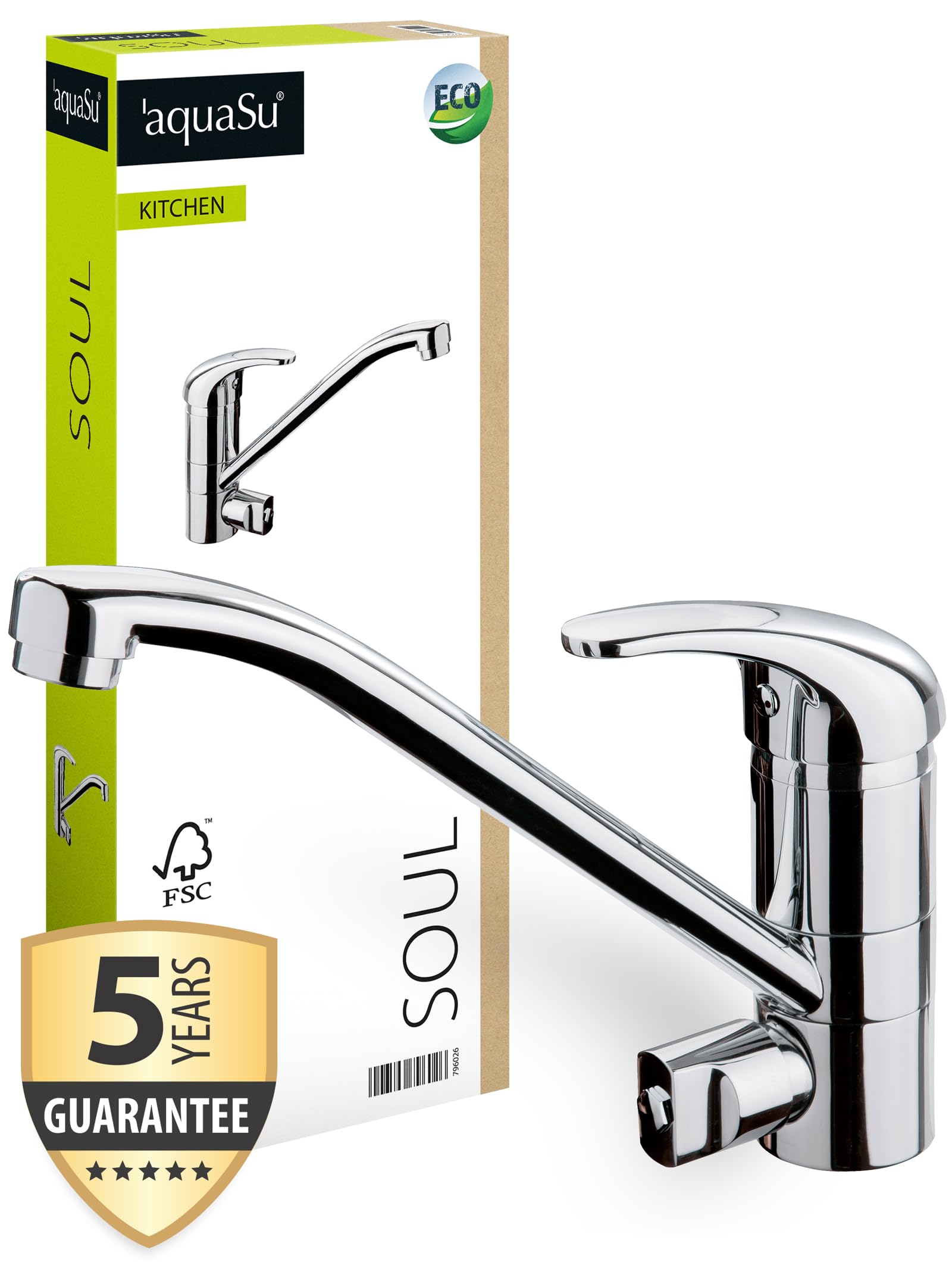 AquaSu® 796026 Water Saving Single Lever Kitchen Sink Faucet with Swivel Spout - Brass Core Chrome Finish for Modern Home & Restaurant Use