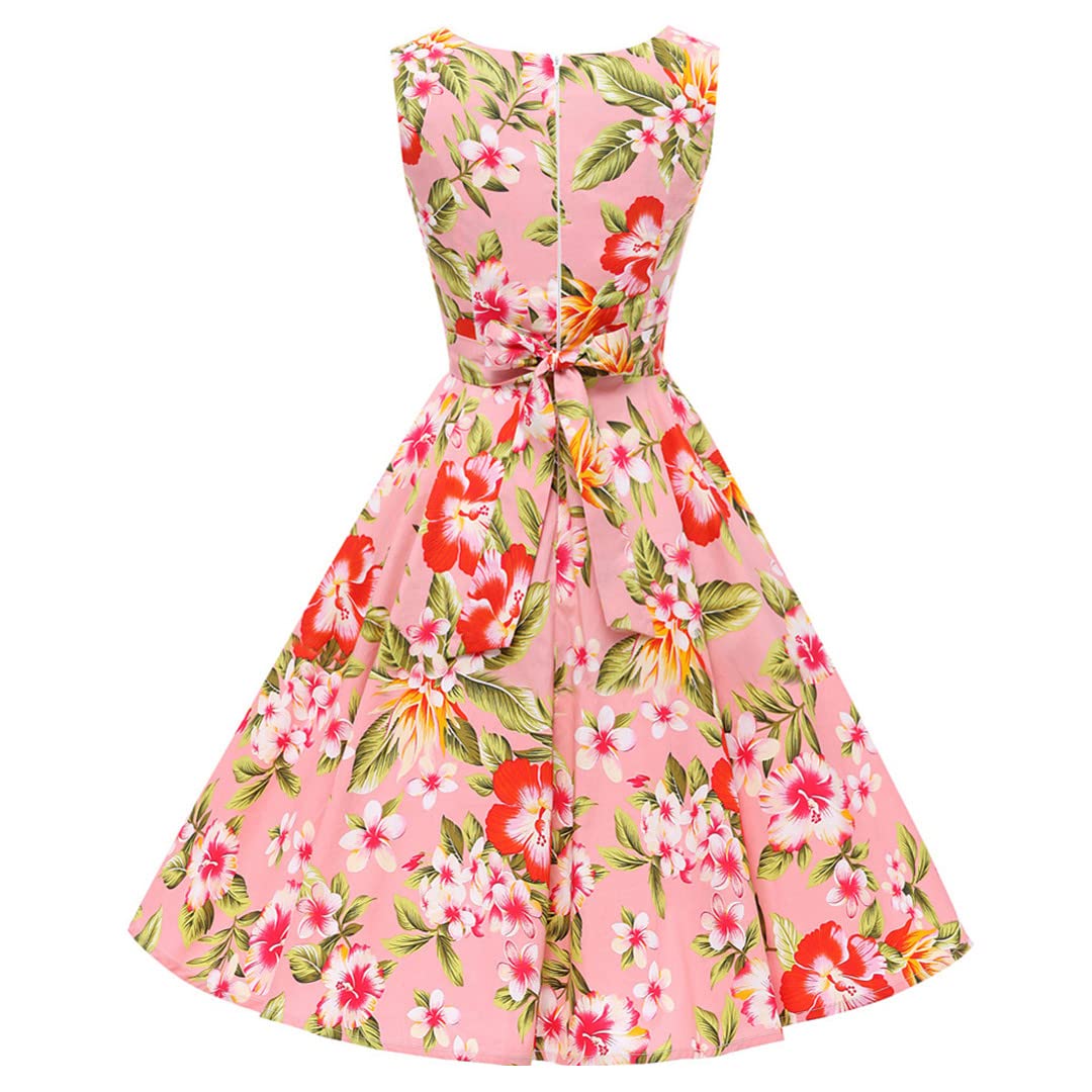 Floral Print Sleeveless Women's Summer Tunic Dress - Vintage Rockabilly Style Cotton Dress for Casual Outings, Beach Vacations & Retro Parties