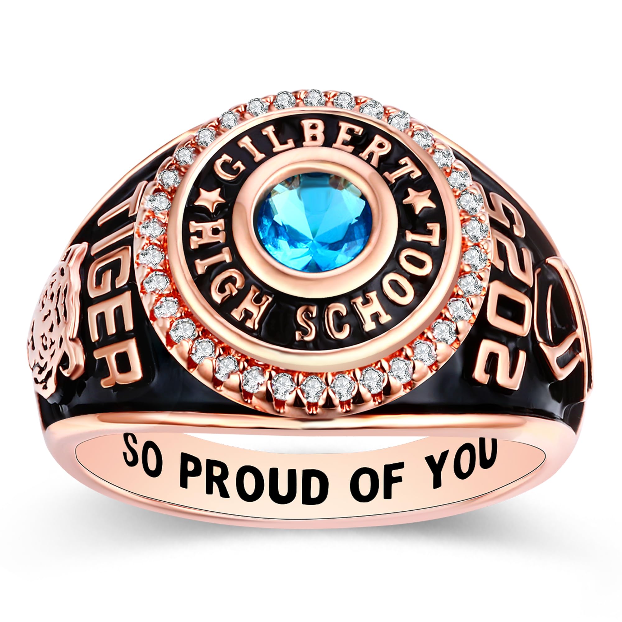 Personalized Custom Class Rings for Women - Birthstone Graduation Rings in Rose Gold Plated (Size 5-15) | High School & College Jewelry Gift for Her - Perfect for Commencement, Yearbook Photos & Alumni Events