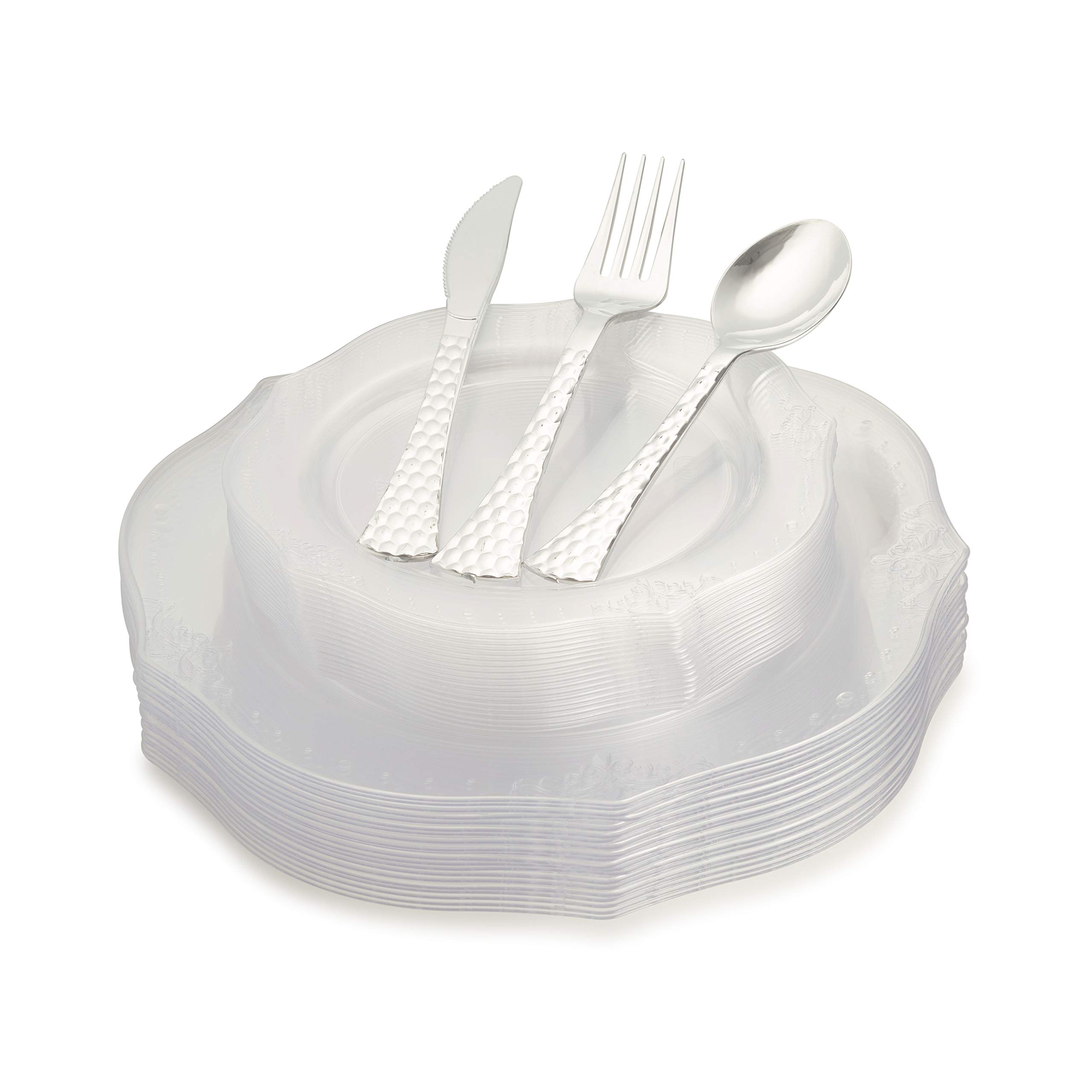 100-Piece Elegant Clear Disposable Plastic Plates & Silverware Set - Heavyweight 20-Person Dinnerware Kit | Includes 20 Dinner Plates, 20 Dessert Plates, 20 Forks, 20 Spoons, 20 Knives | Perfect for Parties, Weddings, Catering, BBQs, Picnics & Outdoor Events | Ideal for Birthday Celebrations, Family Gatherings & Holiday Meals