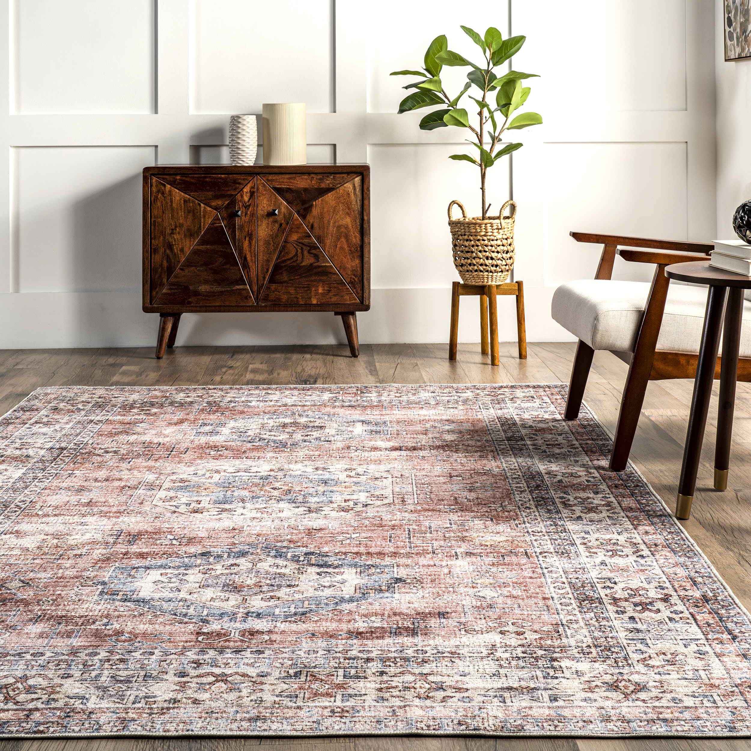 Zia Persian Spill Proof Washable Rug - Non-Slip Indoor Outdoor Area Rug - Brick Red - Perfect for Living Room, Bedroom, Kitchen & High Traffic Areas