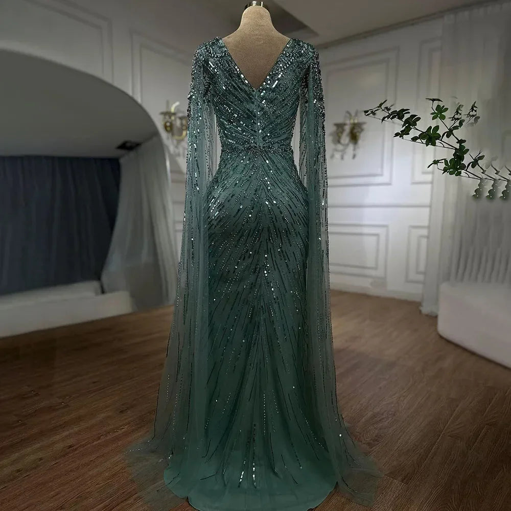 Serene Hill Arabic Turquoise Mermaid Beaded Cape Sleeves Elegant Evening Dress Gown 2025 for Women - Wedding, Prom, Gala & Special Occasion Formal Wear