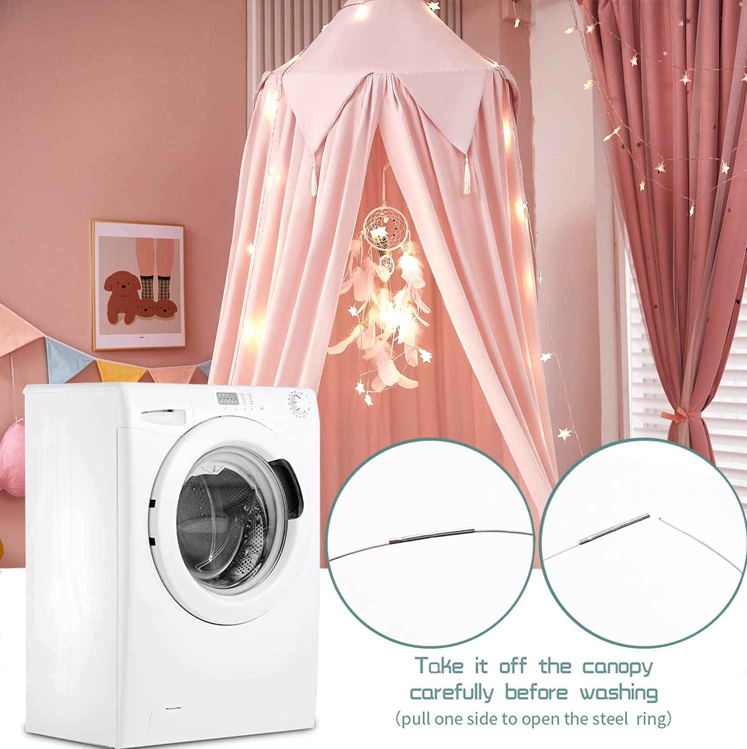 Princess Bed Canopy with Lights for Girls - Dream Catcher Kids Bed Tent for Twin, Full & Queen Size Beds - Beige Pink Room Decor for Reading Nook & Bedroom Makeover