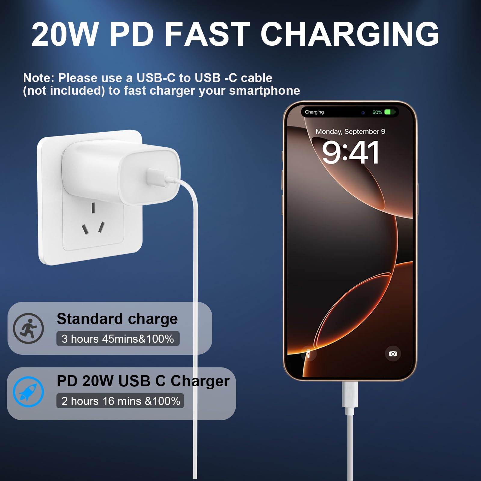 20W USB C Fast Charger Block with 10ft Cable - Compatible with iPhone 16/16 Pro/16 Pro Max/16 Plus/15/15 Pro/15 Pro Max & Galaxy S24 (3 Pack) - Perfect for Home, Office & Travel Charging