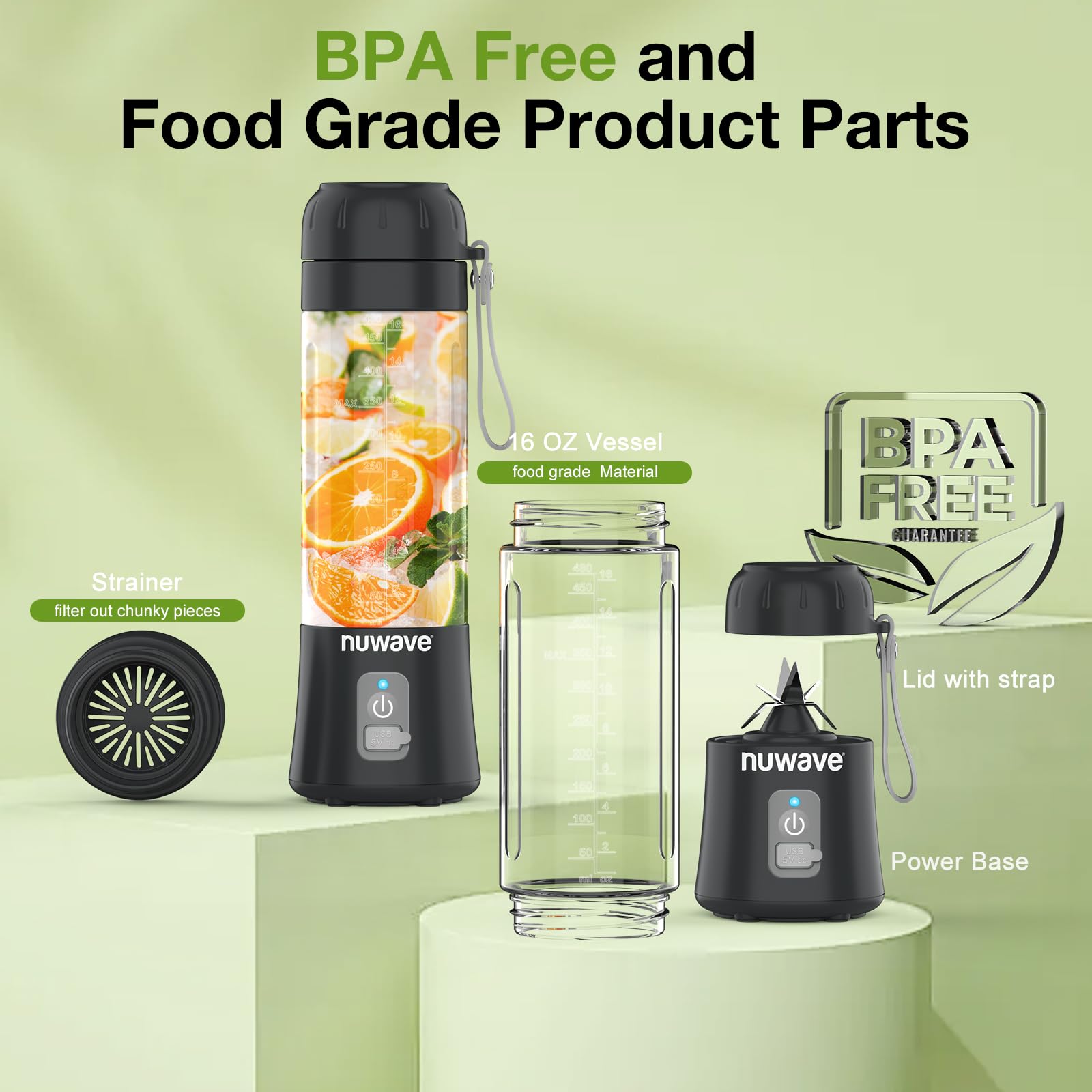 Nuwave 16OZ Portable Blender - 2025 Upgraded Rechargeable Mini Blender with 6 Blades for Smoothies, Shakes & Juices | BPA-Free, Leak-Proof Lid | Perfect for Gym, Travel, Office & Kitchen Use | Compact Personal Blender for Healthy Drinks On-The-Go